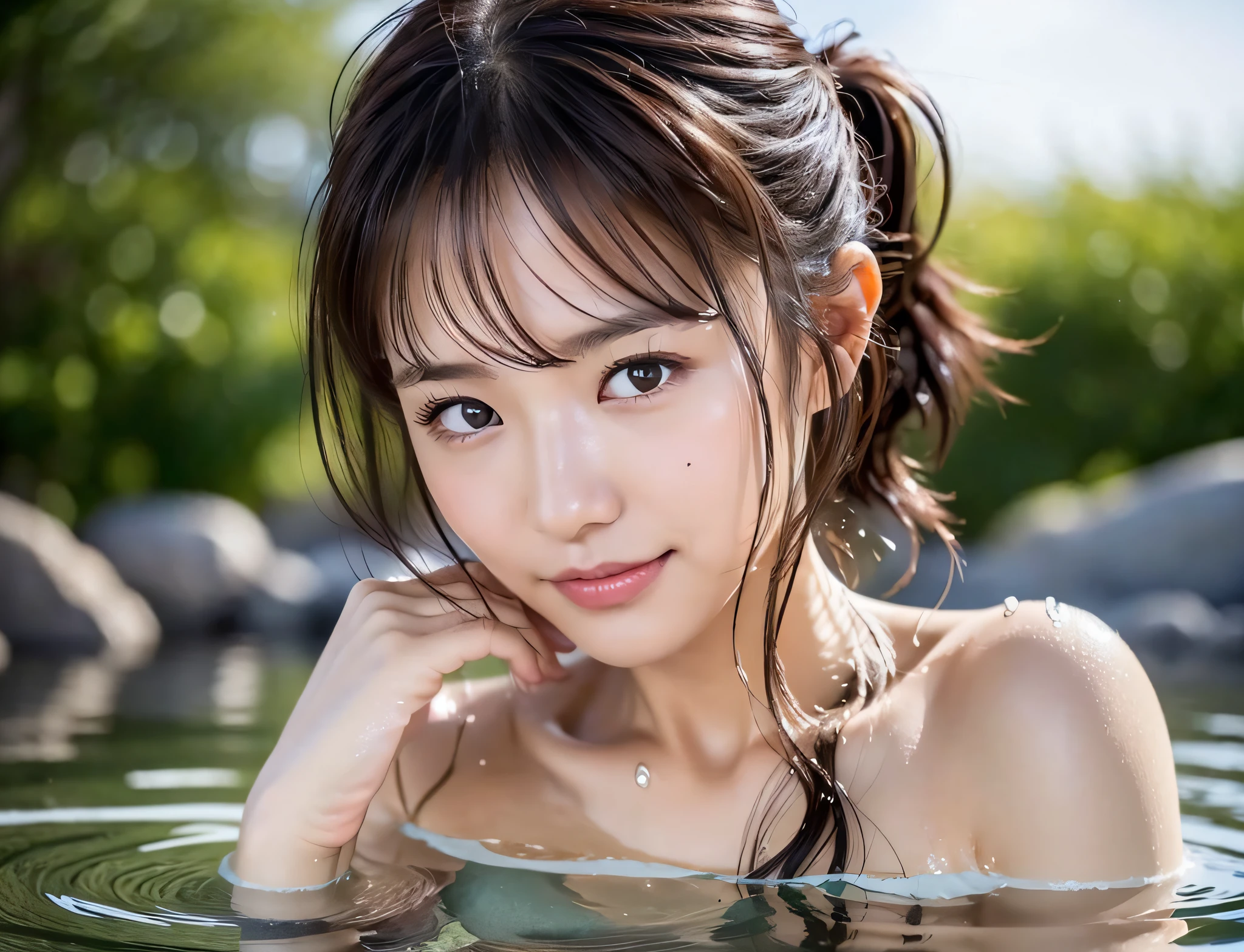 ((top quality, 8k, masterpiece: 1.3)), woman soaking waist-deep in a hot spring in Japan (naked towel, in the hot spring: 1.3), full body portrait, cleavage, background is Japan painting wall, slight smoke from water, sweating, water droplets on forehead of face, overhead camera, sharp focus: 1.2, cute woman: 1.4, light brown hair, with bangs, twisted ponytail, very detailed face and skin and hair texture, wet texture hair, drenched body, detailed eyes, double eyelids, white skin, beautiful legs, beautiful delicate nose, cute young Japan woman, teasing smile, Calm expression and calm breathing create a calm atmosphere, at dynamic angles, while exuding melancholy emotions characterized by calm tones and contrasting mixes of light and shadow, It is a composition that is pleasing to the eye and thought-provoking while emphasizing the subject's hair, eyes, mouth and action.