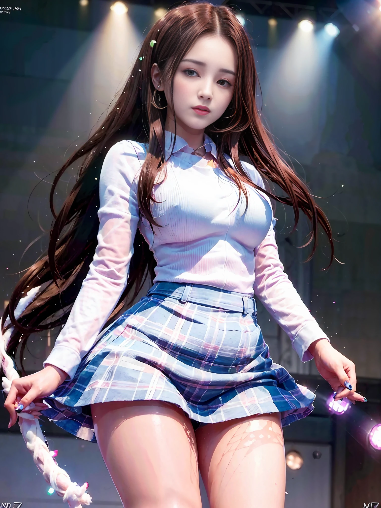 a full body photo, Nancy in high school uniform, plaid round skirt, high heeled short booty, large breasts, white dress shirt with open collar buttons, long black hair, stylish makeup, (Steve McCurry) style, Nikon Z FX device, EF 70mm lens, cinematic lighting, long exposure style, long shot type, vibrant color scene,  photo realistic, intricate, beautiful face, ultra detailed face, perfect body, whole body, perfect, realistic, highly detailed, Art Station, trend, realistic face, realistic skin, detailed eyes, great art, ultra realistic render n-9, 4K, 8K, 16K, 20K, HDR, UHD, 64K, Perfect Luminance, hyper realistic, symmetrical face, Bokeh, High-resolution scanning, professional photography