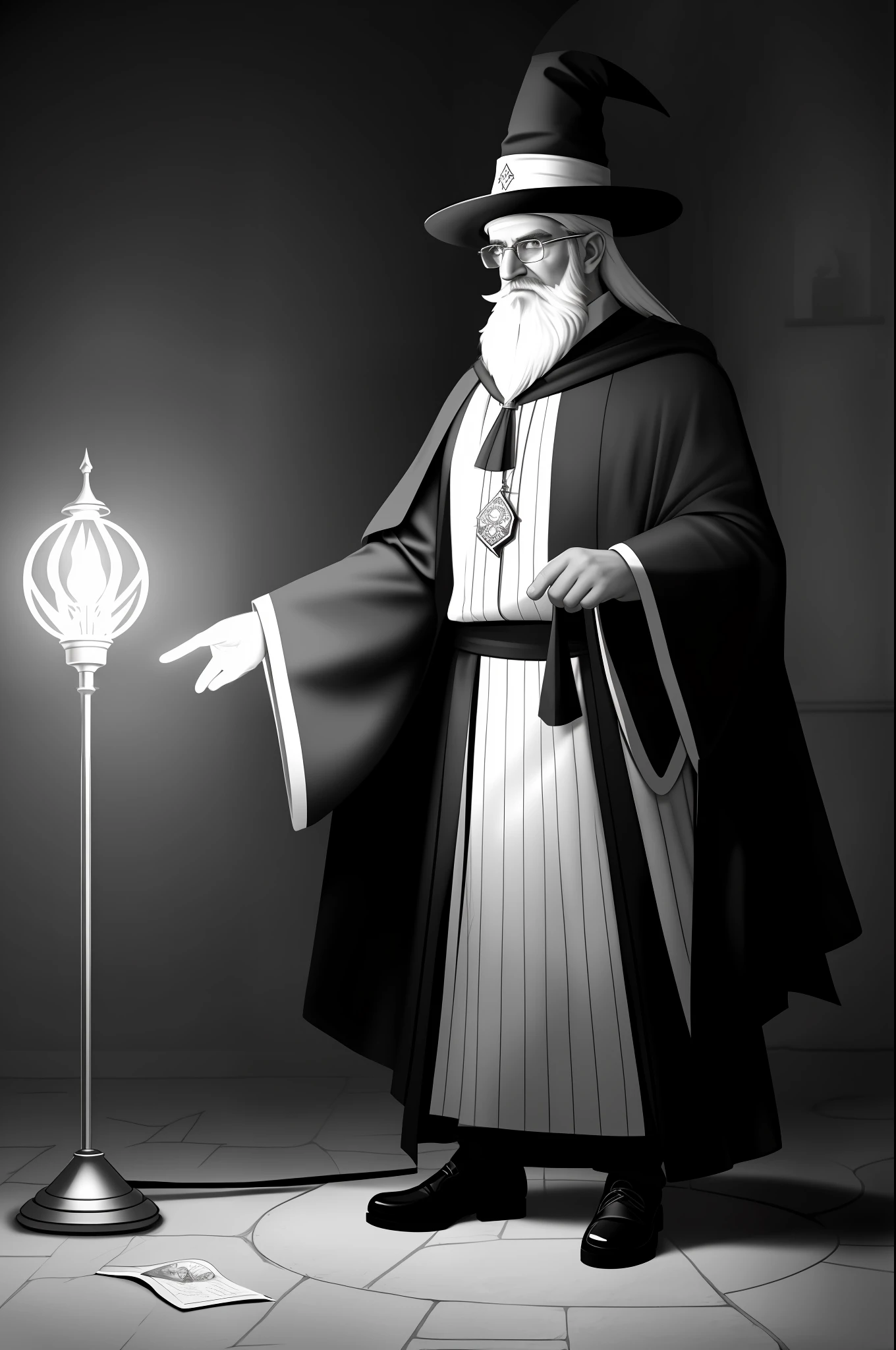 pencil sketch of a D&D character, nicola tesla, black and white drawing of an arafed magician with a hat and a long white beard holding a lamp attached to a battery on the floor, male mage, old male archmage, wizard t-pose, cinematic lighting mage hat, male wizard t-pose, wizard, portrait of a wizard, dressed as a wizard, , male mage, themed mage, old wizard's cloak, a battery on the floor, black and white