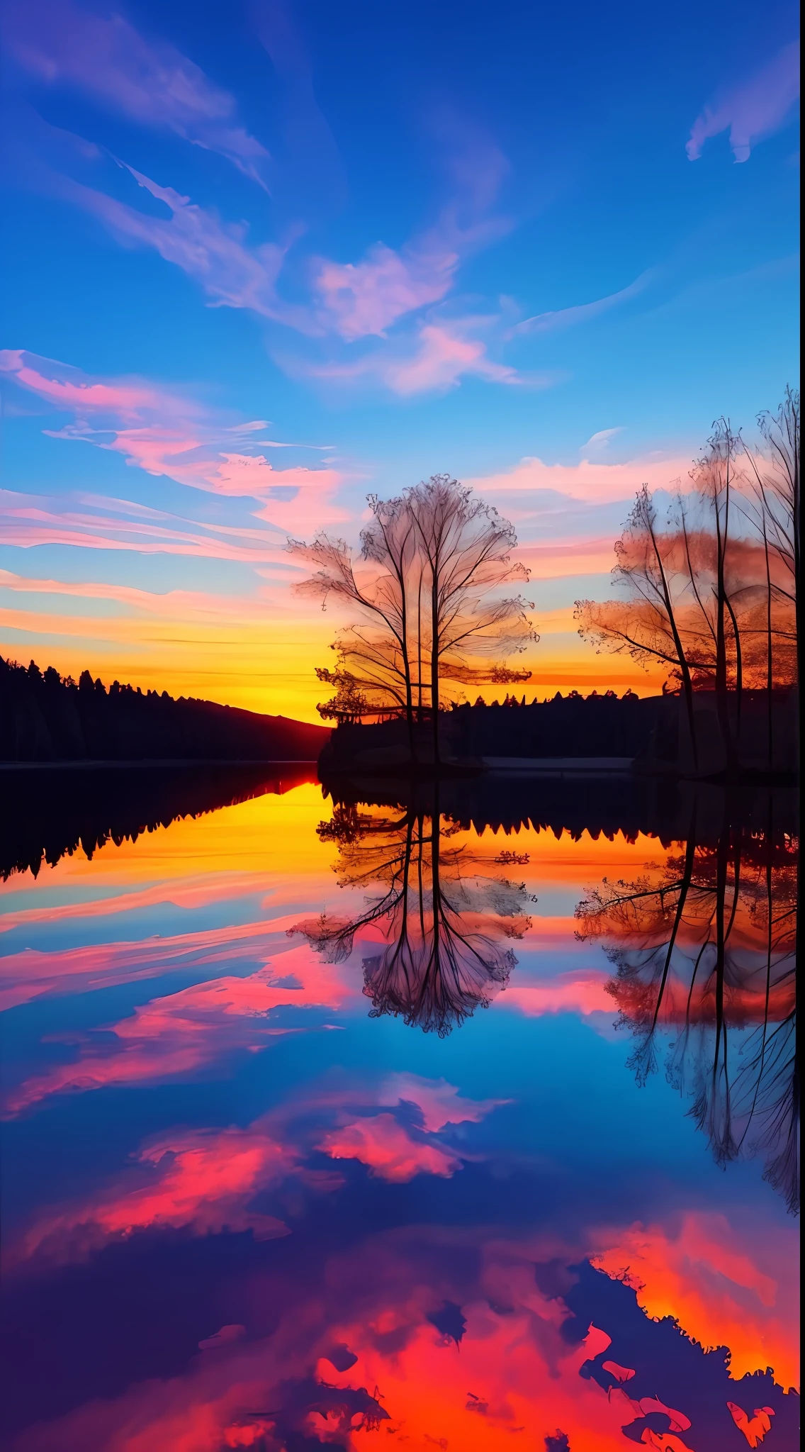 there is a beautiful sunset with a lake and trees in the background, colorful skies, surreal colors, colorful sunset, colorful sky, marvellous reflection of the sky, stunning sky, dream like atmosphere 8k, colorful clouds, colors reflecting on lake, surreal sky, red and blue reflections, fire reflection, beautiful sky, beautiful and spectacular dusk, beautiful dreamy landscape, amazing sky