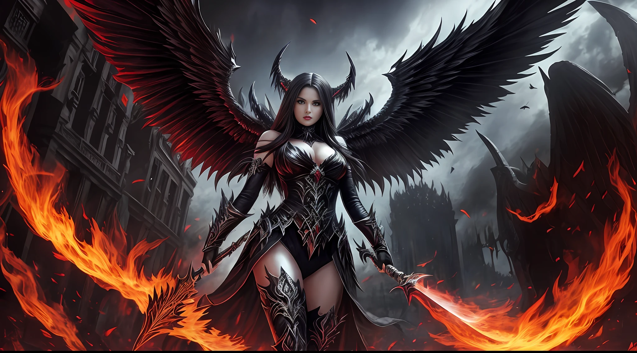 fullbody of evil fallen angel-demon woman with firewings in darkcity in hell --auto --s2
