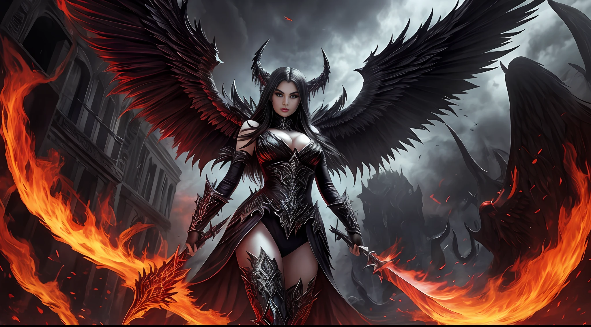 fullbody of evil fallen angel-demon woman with firewings in darkcity in hell --auto --s2