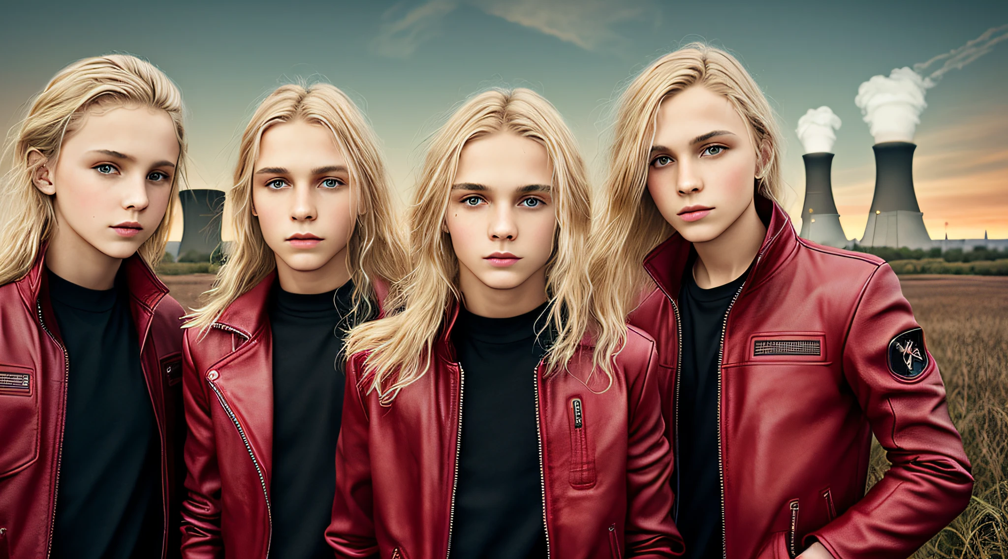 3 BOYS 14 YEARS OLD, PORTRAIT, WITH LONG BLOND HAIR, WITH RED LEATHER JACKETS AND BLACK CLOTHING, nuclear power plant with radioactive barrels in a field, nuclear wasteland, nuclear wasteland, post-nuclear fallout, future of nuclear energy, nuclear fallout, radioactive wasteland, nuclear energy, nuclear energy, nuclear reactor, nuclear aftermath, post-nuclear, nuclear power plant, nuclear, radioactive particles, nuclear art, toxic waste, polluted, radioactive peak field, pollution