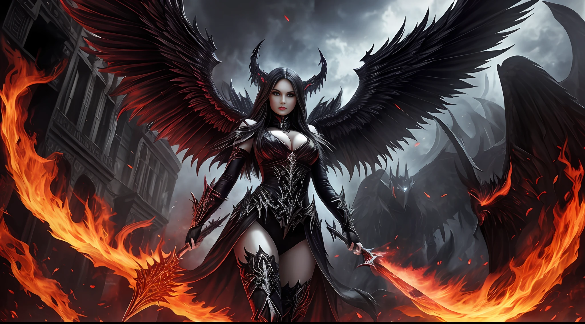 fullbody of evil fallen angel-demon woman with firewings in darkcity in hell --auto --s2