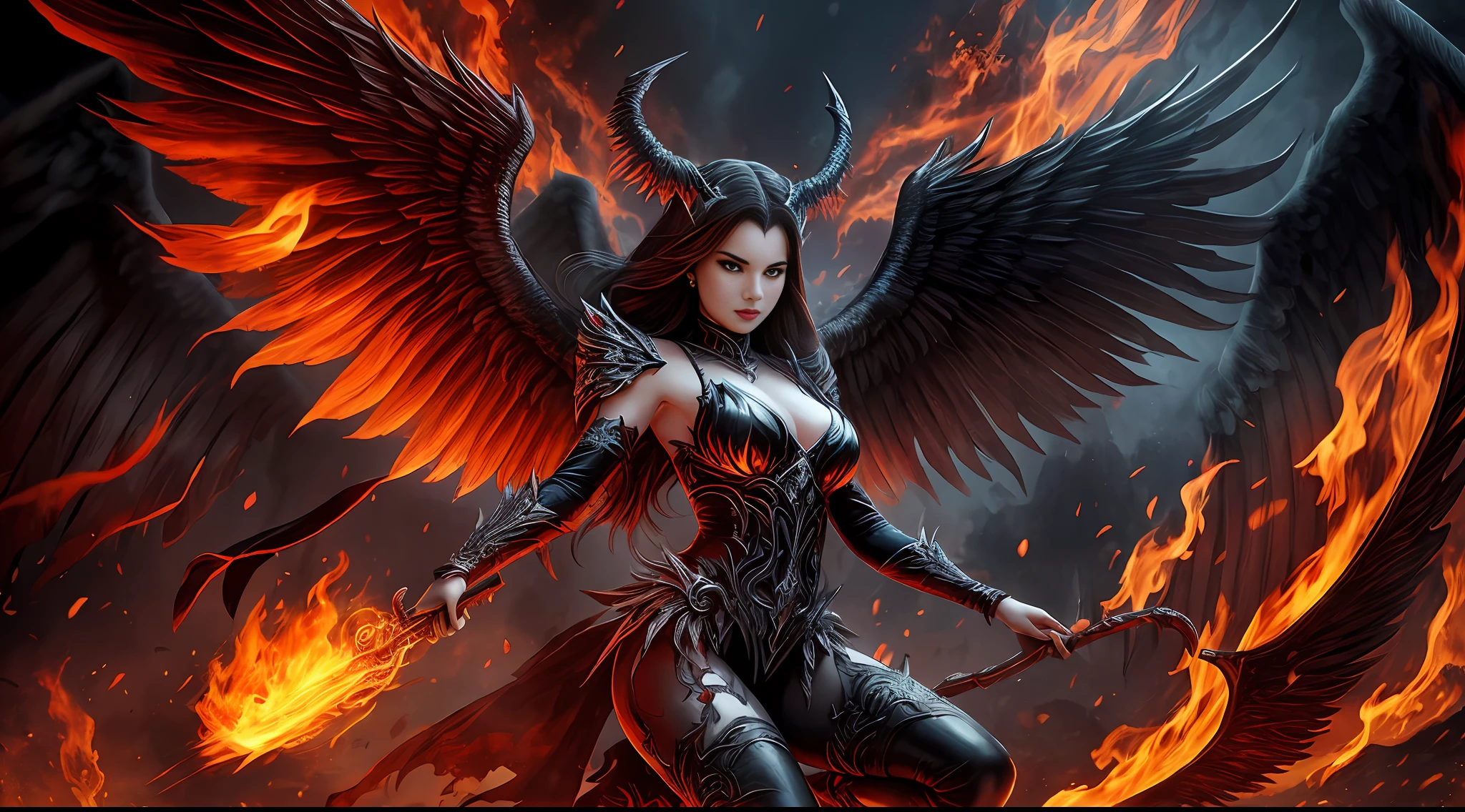 fullbody of evil fallen angel-demon woman with firewings in darkcity in hell --auto --s2