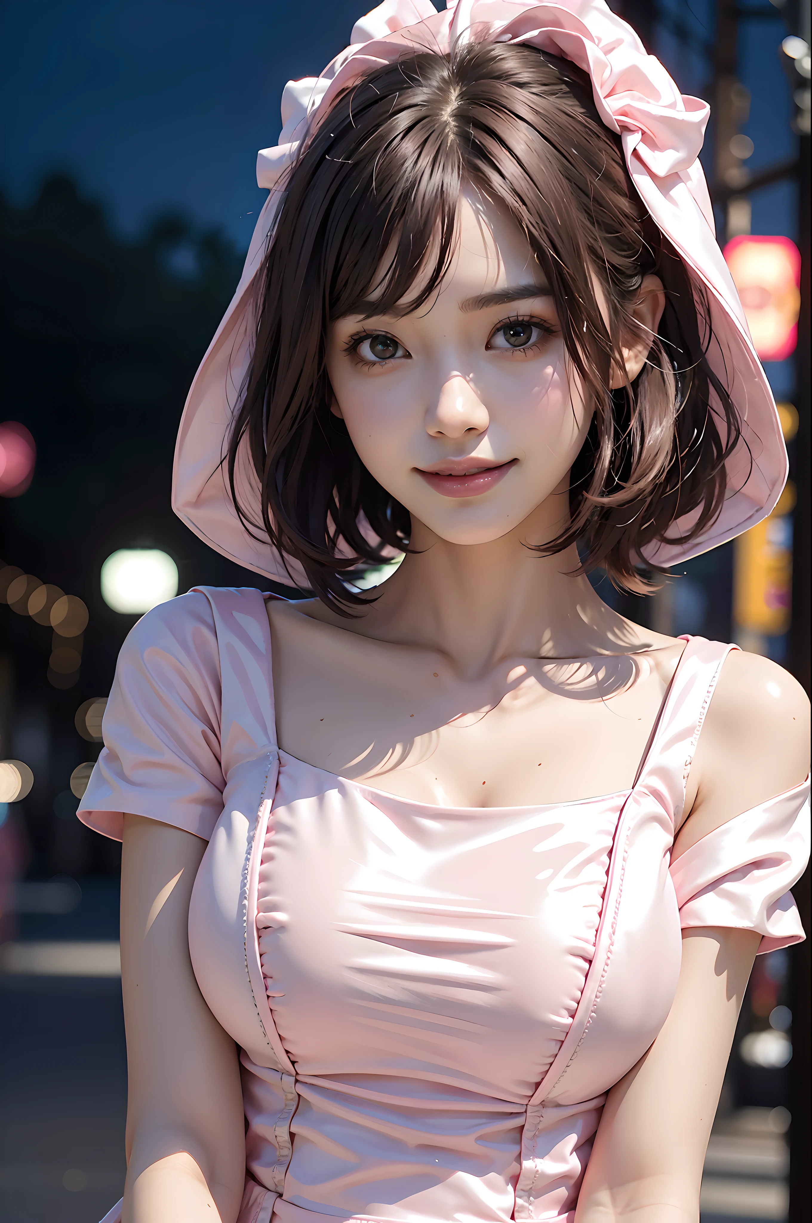 ((((short hair)))), ((((brown hair)))), best quality, 8K, HDR, highres, absurdres:1.2, blurry background, bokeh:1.2, Photography, (RAW photo:1.2), (photorealistic:1.4), (masterpiece:1.3), (intricate details:1.2), 1girl, solo, japanese girl, delicate, beautiful detailed, (detailed eyes), (detailed facial features), petite, beautiful and clear eyes, detail eye pupil, (((large breasts))), skin tight, (looking_at_viewer), from_front, (skinny), (best quality:1.4), (ultra highres:1.2), cinema light, (extreme detailed illustration), (lipgloss, best quality, ultra highres, depth of field, caustics, Broad lighting, natural shading, 85mm, f/1.4, ISO 200, 1/160s:0.75),1girl, solo, ((smile)), (((slim body))), (ulzzang-6500-v1.1:0.5), upper body, ((((pink formal dress:1.2)))), standing,(pureerosface_v1:0.5), Tokyo street,night, cityscape,city lights, close up,
