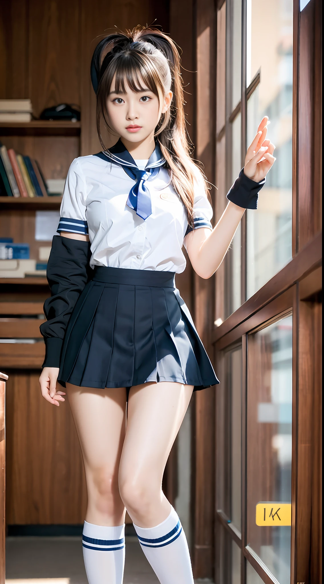 ulzzang-6500-v1.1, (raw photo:1.2), (photorealistic:1.4), beautiful detailed girl, very detailed eyes and face, beautiful detailed eyes, ridiculous, incredibly ridiculous, huge file size, super detailed, high resolution, very detailed, best quality, masterpiece, kemomimi, ((high school uniform)), very detailed, CG, unified, 8k wallpaper, amazing, fine details, Masterpiece, best quality, very detailed CG uniform 8k wallpaper, light on face, cinematic lighting, 1girl, , (ponytail) ((dynamic pose))), (perfect body), (full body), (midi skirt), (socks),