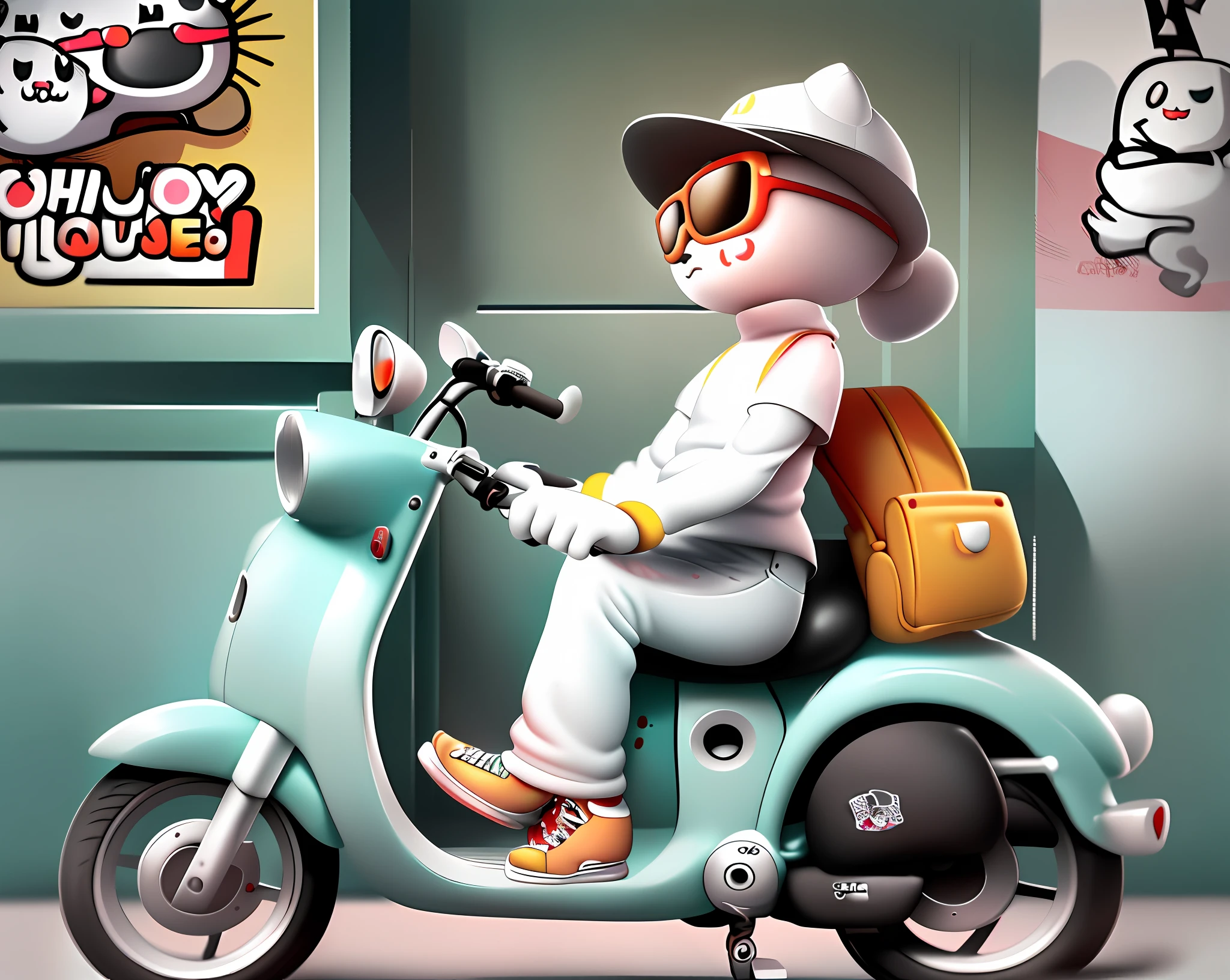 There is a white cat riding a scooter with hat and sunglasses, white background (cat wearing sunglasses, passionate, cute cartoon characters, hand drawn cartoon art style, cartoon style illustration, simple and clean illustration, mascot illustration, illustration line art style, funny illustration, cute illustration, hello, 3 0, adobe illustrator made, moped rider, cyclist, white background