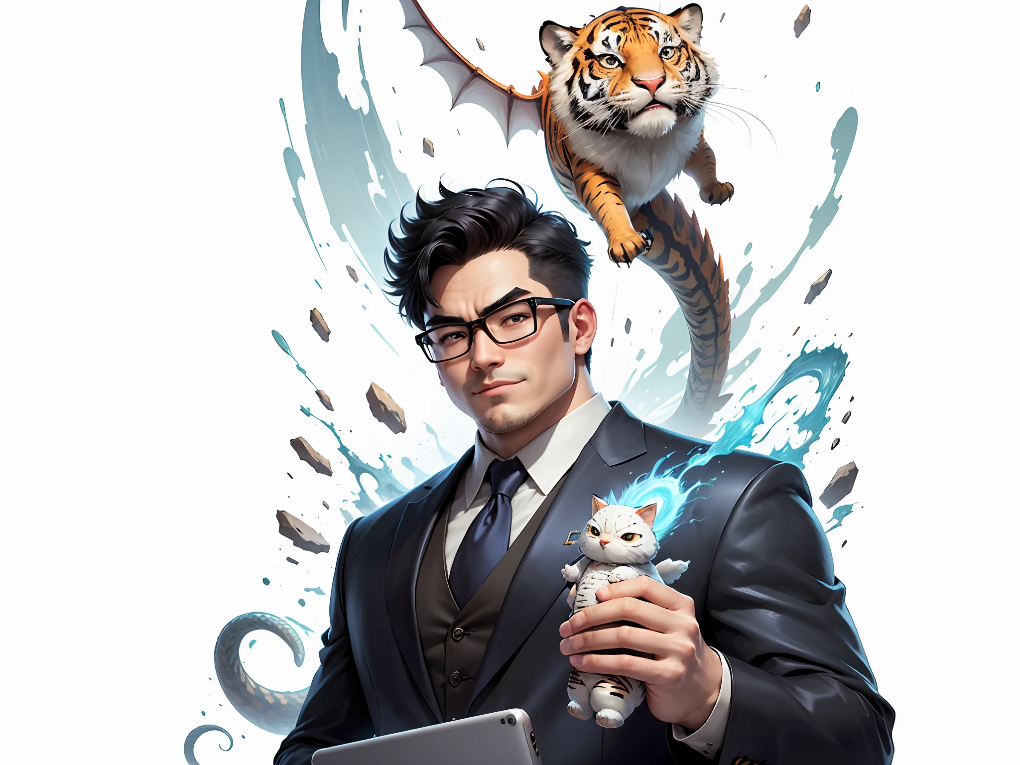 (Masterpiece), (Excellent), (Super Meticulous), (Full Body: 1.2), Super Young Man, Oriental Face, Japanese Kimono, Japanese Wind Thunder God, Dragon, Tiger, TV Anchor, Bust Portrait Illustration, Alone, Black Suit, Blue Tie, Slightly Chubby Face, Silver Glasses, Very Clean Face, No Beard, Black Super Short Hair, Black Eyes, Confident Smile, 3c Computer Sub-Products, iPad, iPhone, Digital Painting, 3D Character Design by Akira Toriyama and Mark Claireden and Pixar and Hayao Miyazaki, The illustration is a high-definition illustration in 4K resolution with very detailed facial features and cartoon-style visuals.