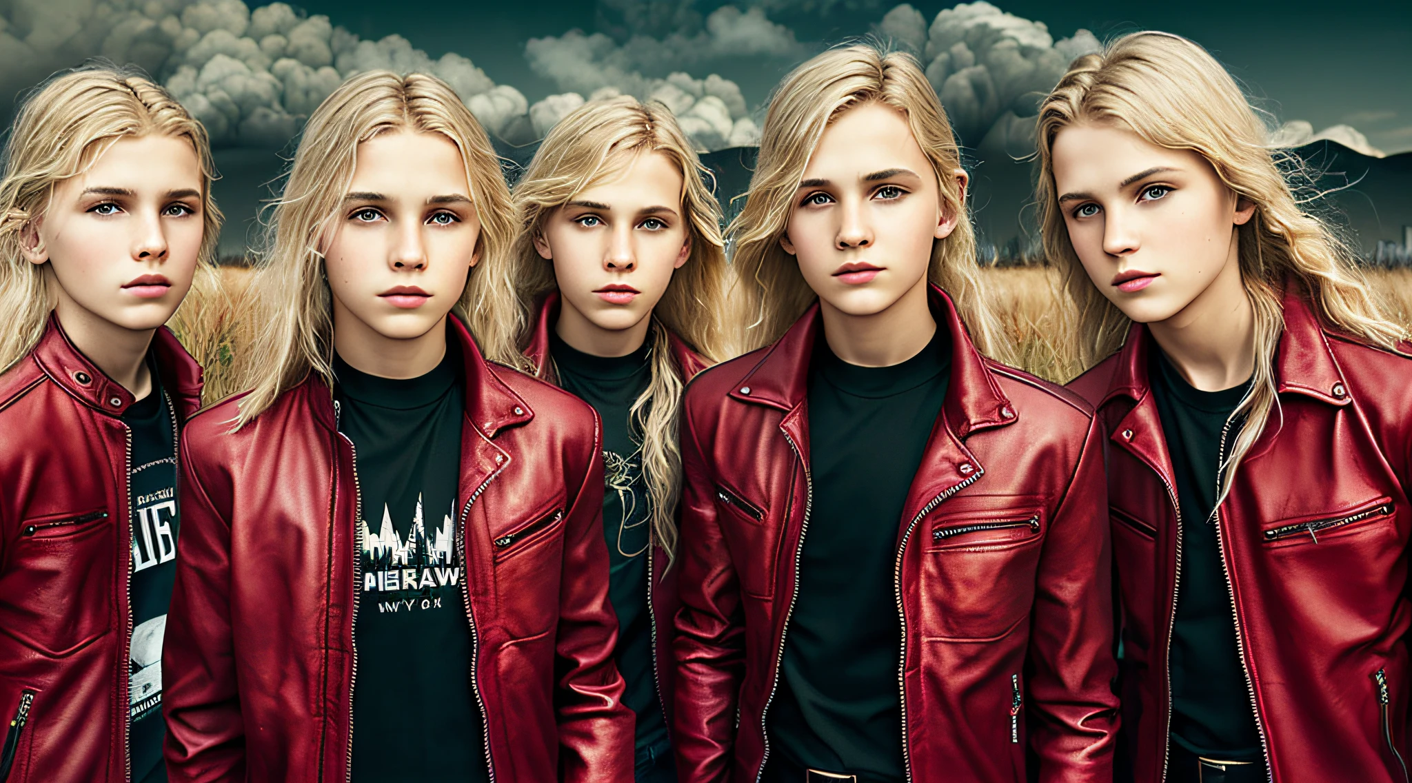 3 BOYS 14 YEARS OLD, PORTRAIT, WITH LONG BLOND HAIR, WITH RED LEATHER JACKETS AND BLACK CLOTHING, nuclear power plant with radioactive barrels in a field, nuclear wasteland, nuclear wasteland, post-nuclear fallout, future of nuclear energy, nuclear fallout, radioactive wasteland, nuclear energy, nuclear energy, nuclear reactor, nuclear aftermath, post-nuclear, nuclear power plant, nuclear, radioactive particles, nuclear art, toxic waste, polluted, radioactive peak field, pollution