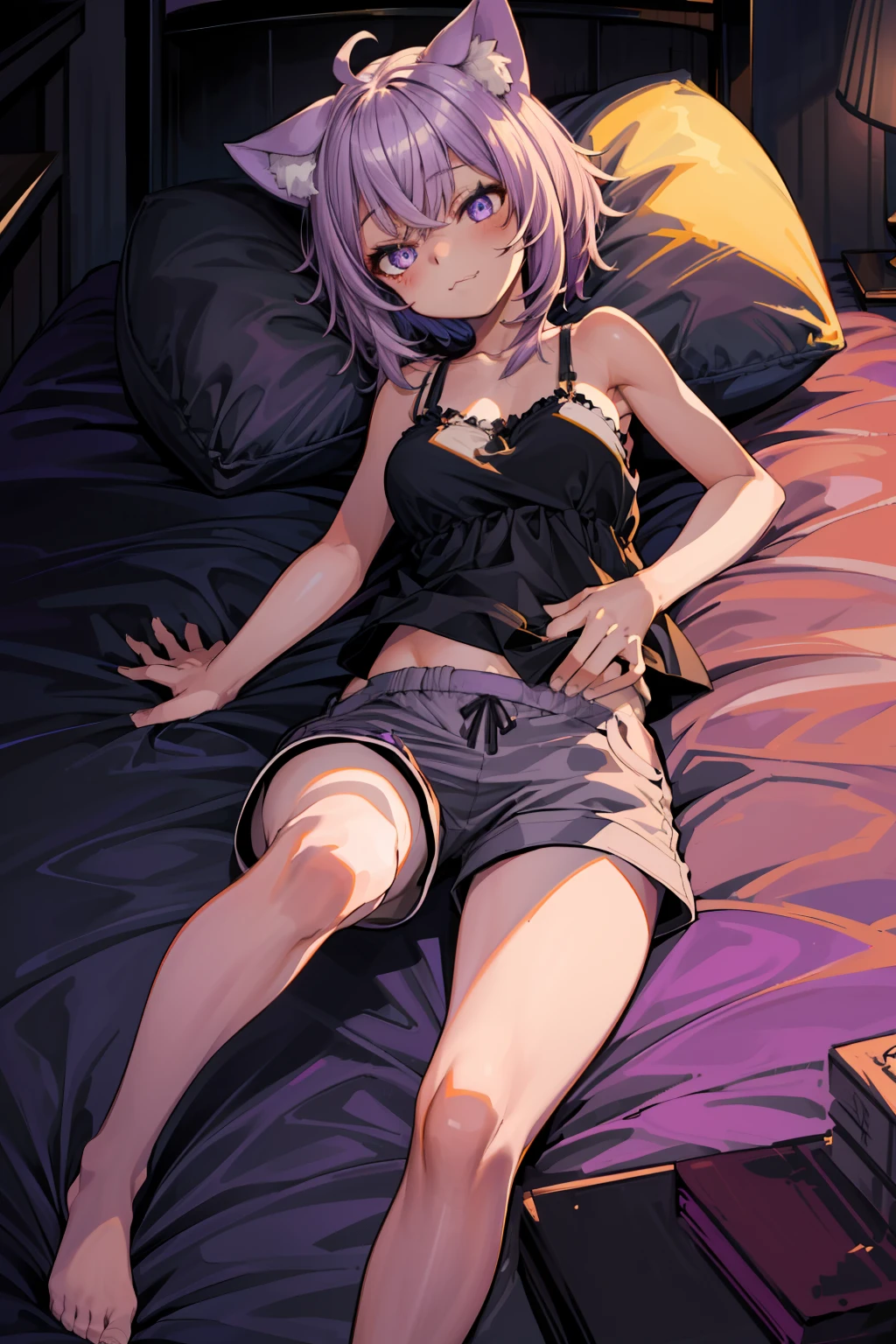 (best quality:1.2),absurdres,solo, 1girl, highly detailed eyes, highly detailed background, perfect lighting, full body, nekomata okayu, on bed, lying, from above, :\3, pillow, medium hair,big breasts, cat tail,(Black camisole,grey simple short pants:1.2),thigh,simple short pants