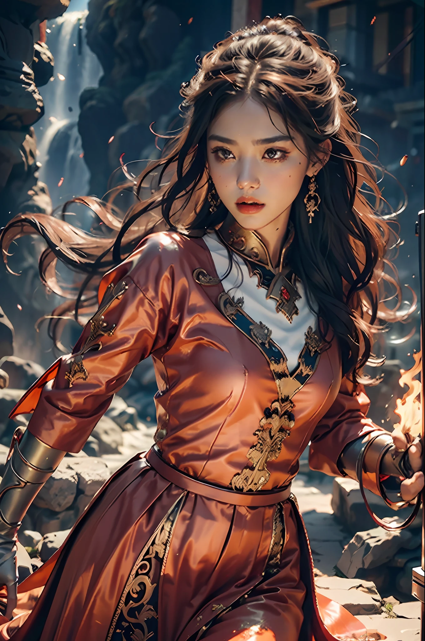 {{master piece}}, pinnacle rendering, realistic rendering, dark red rendering, metal rendering, {{color ink painting}}}, {{splash ink}}}, {{color}}, {{color}}, gorgeous rendering, best quality, illustration, flame, smoke, doomsday world, splash ink fire sea doomsday, full body, 1 girl, exquisite facial details, delicate facial features, real face, beautiful details eyes, deep pupils, broken city details, beautiful details long hair, Wave of hair, broken details of streets, transparent mechanical core, cyborg girl, details, cool, tight grooming, lace retouching, linear light costume retouching, light rendering, reflection, highlight, holy light, confidence, charm, battle stance detail close-up, fire day, {filigree}, colored background, a dragon stands behind the girl, sea of fire, {tornado special effects}, beautiful details purple dragon armor, (cold face, confident) great depth, depth of field, 360° panoramic picture, fierce and magnificent battle scenes, broken mirrors, fingers all hidden and not displayed, small mouth closed