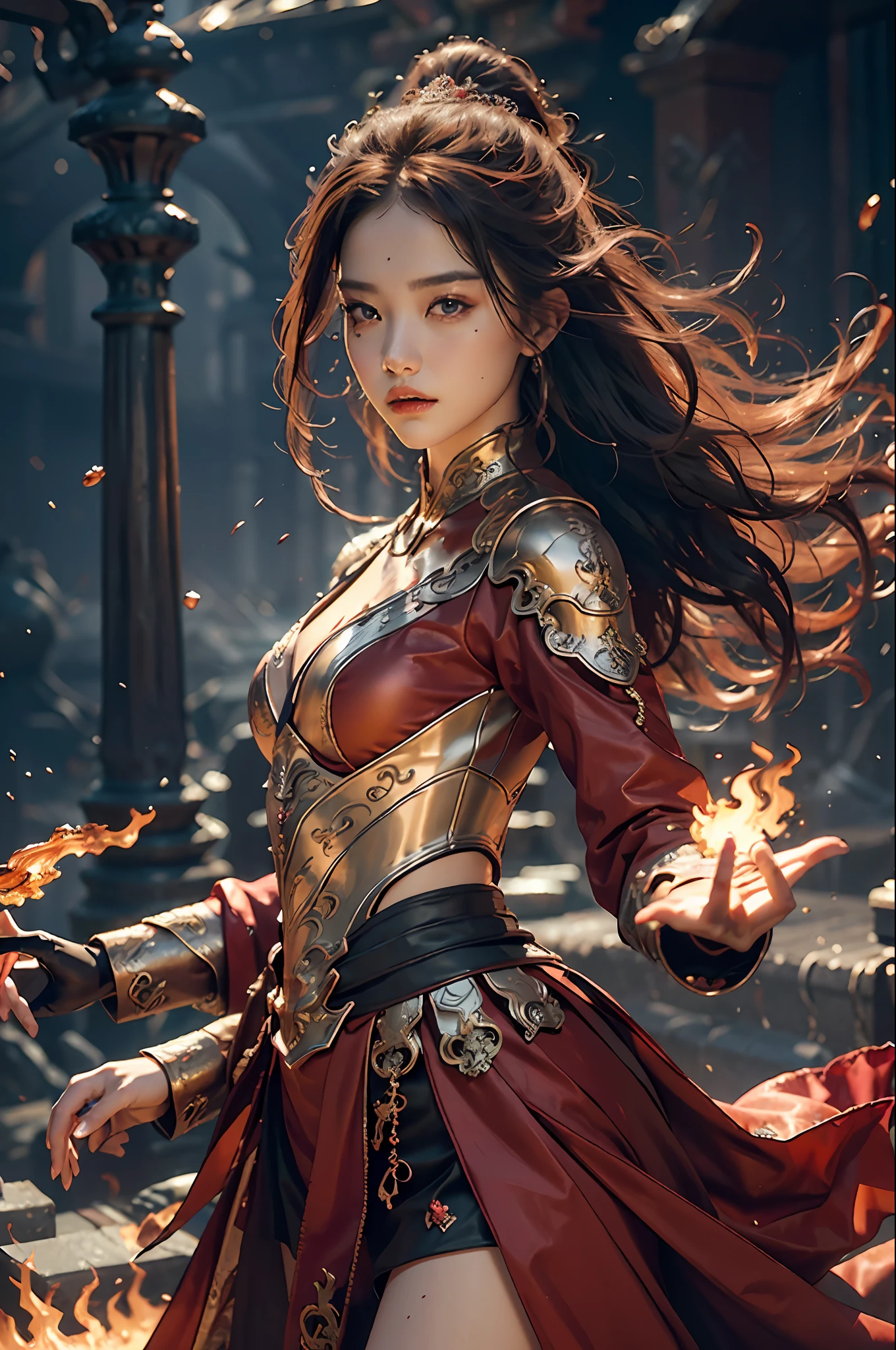 {{master piece}}, pinnacle rendering, realistic rendering, dark red rendering, metal rendering, {{color ink painting}}}, {{splash ink}}}, {{color}}, {{color}}, gorgeous rendering, best quality, illustration, flame, smoke, doomsday world, splash ink fire sea doomsday, full body, 1 girl, exquisite facial details, delicate facial features, real face, beautiful details eyes, deep pupils, broken city details, beautiful details long hair, Wave of hair, broken details of streets, transparent mechanical core, cyborg girl, details, cool, tight grooming, lace retouching, linear light costume retouching, light rendering, reflection, highlight, holy light, confidence, charm, battle stance detail close-up, fire day, {filigree}, colored background, a dragon stands behind the girl, sea of fire, {tornado special effects}, beautiful details purple dragon armor, (cold face, confident) great depth, depth of field, 360° panoramic picture, fierce and magnificent battle scenes, broken mirrors, fingers all hidden and not displayed, small mouth closed