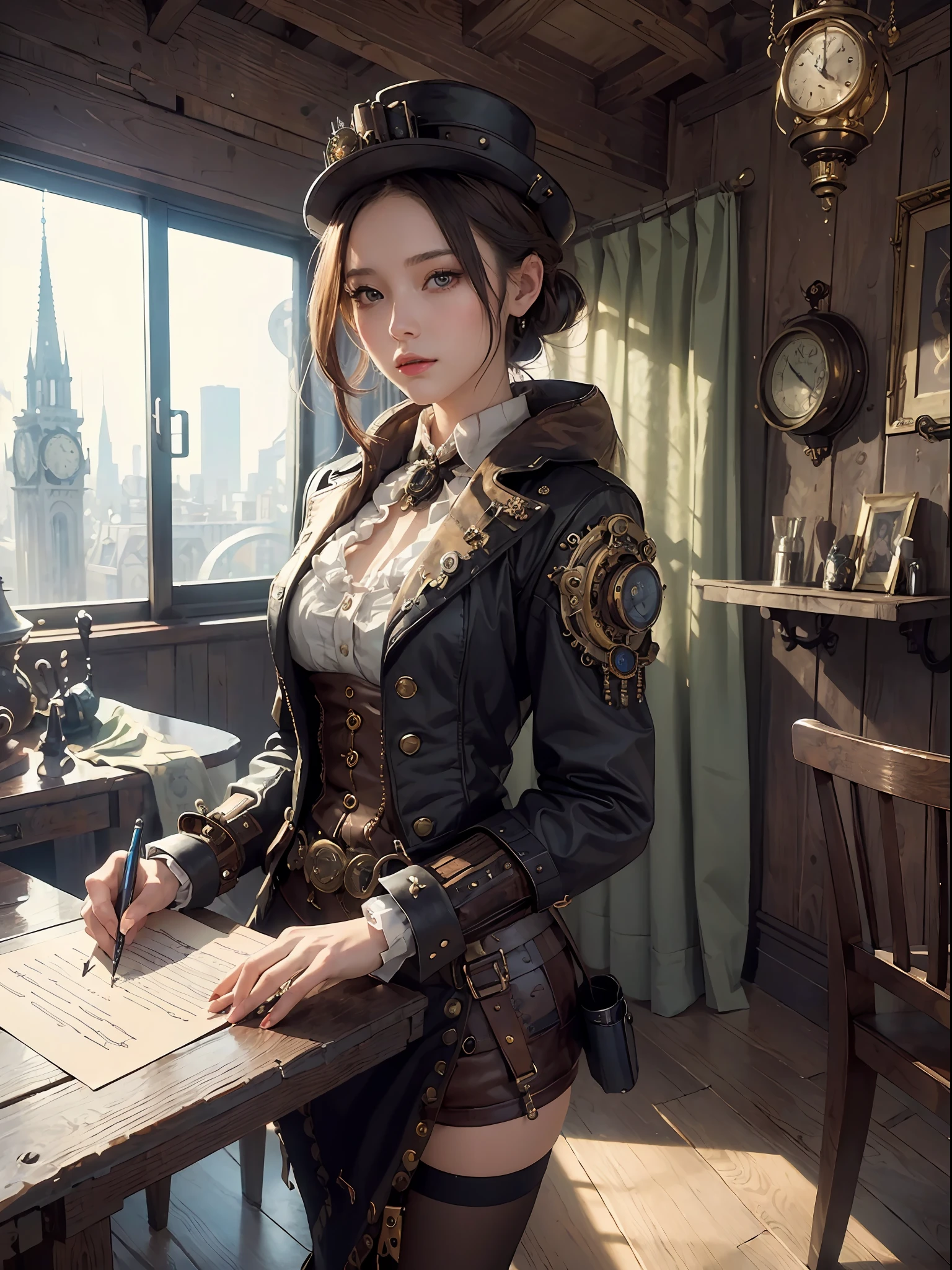 (masterpiece, top quality, best quality, official art, beautiful and aesthetic:1.2), (1girl:1.3), extreme detailed,(Steampunk:1.2),colorful,highest detailed, post office, writing letter