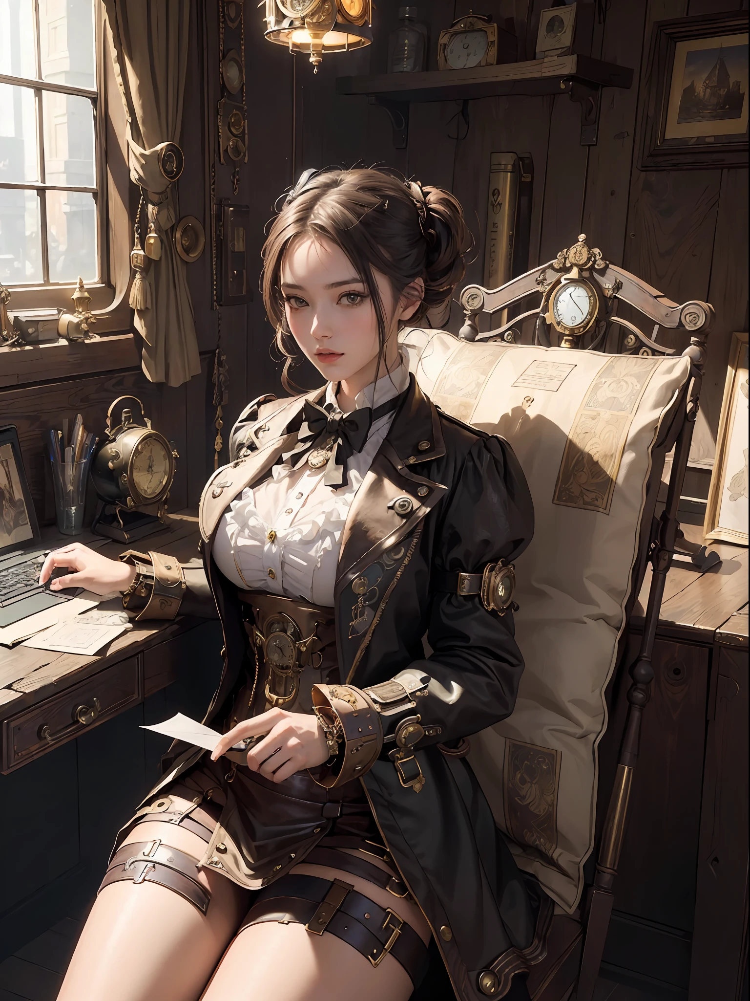 (masterpiece, top quality, best quality, official art, beautiful and aesthetic:1.2), (1girl:1.3), extreme detailed,(Steampunk:1.2),colorful,highest detailed, post office, writing letter