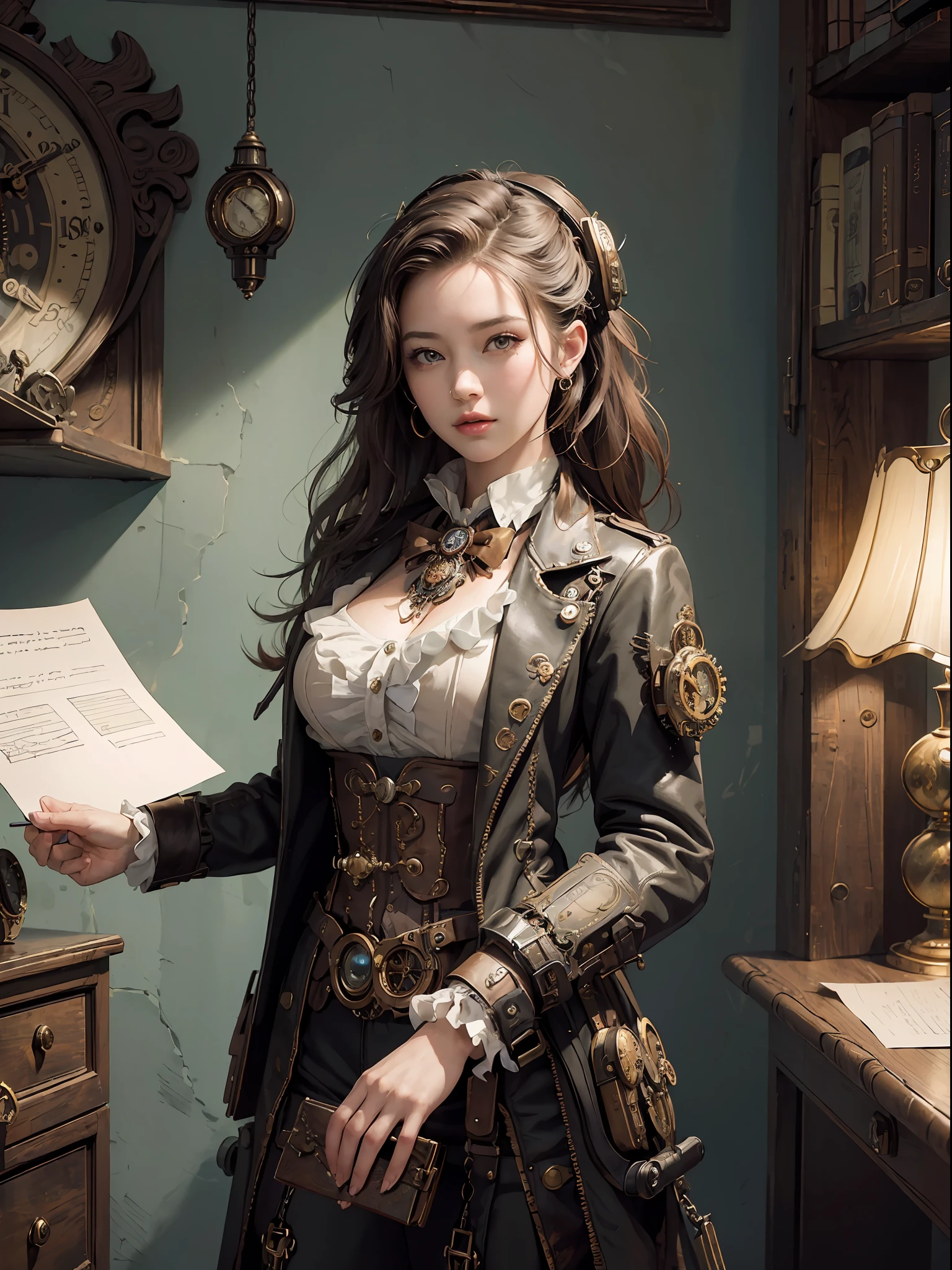 (masterpiece, top quality, best quality, official art, beautiful and aesthetic:1.2), (1girl:1.3), extreme detailed,(Steampunk:1.2),colorful,highest detailed, post office, writing letter