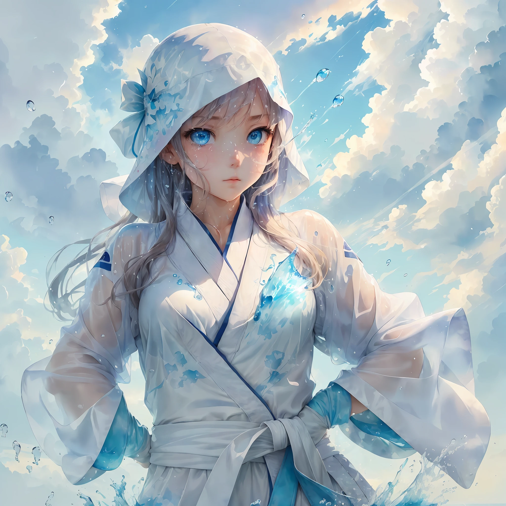 (Fine Picture Quality), (Dynamic Posture), (1girl), (Blue Eyes), (Loli: 1.3), (White Martial Arts Costume), (Beautiful Face), (Splashing Water Drops: 1.2), (Clouds and Morning Light), (Transparent Watercolor-like Colors), (Wide Field of Vision) --auto --s2