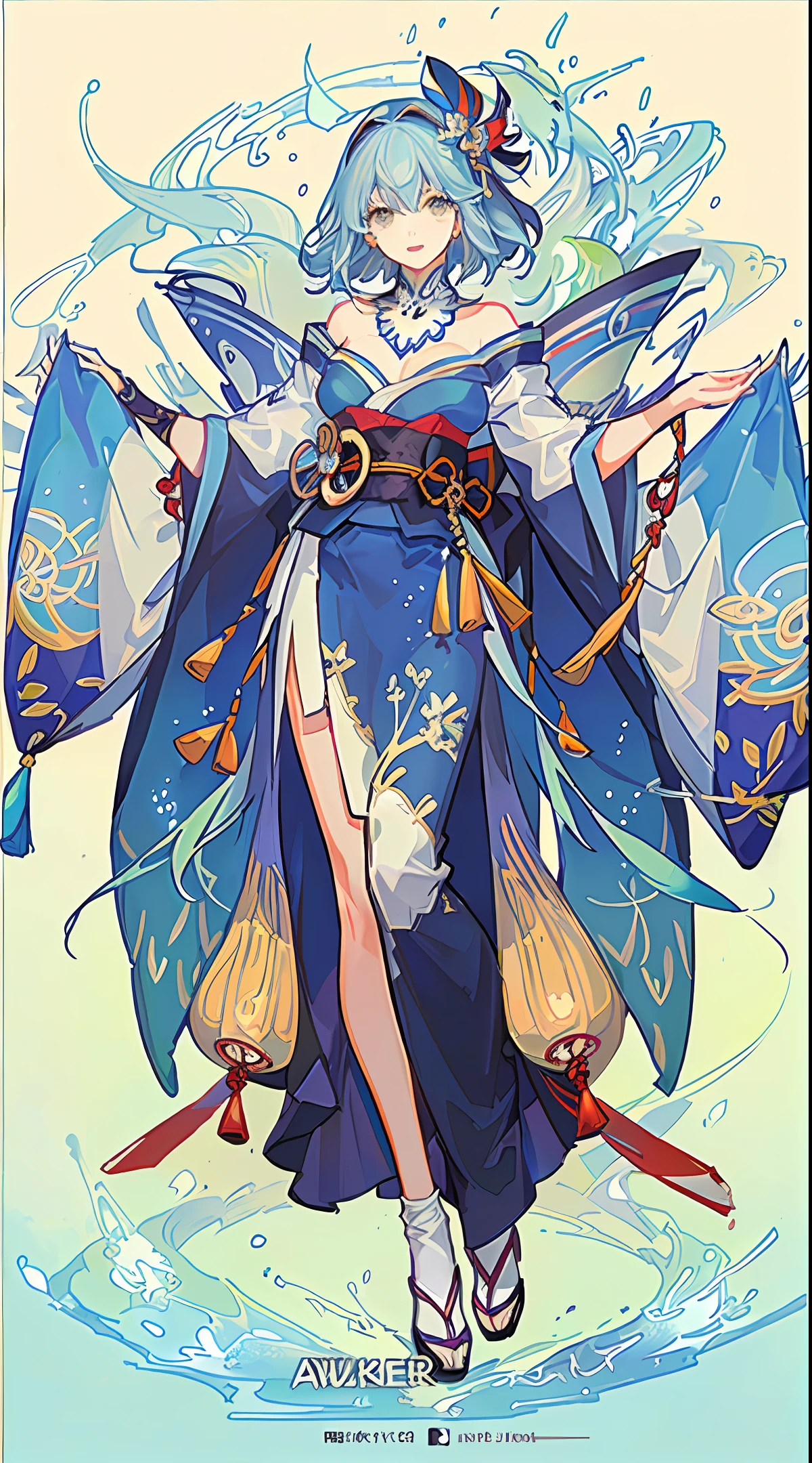 A simple full body girl, Japanese illustration, bold lines and solid colors, Mucha style