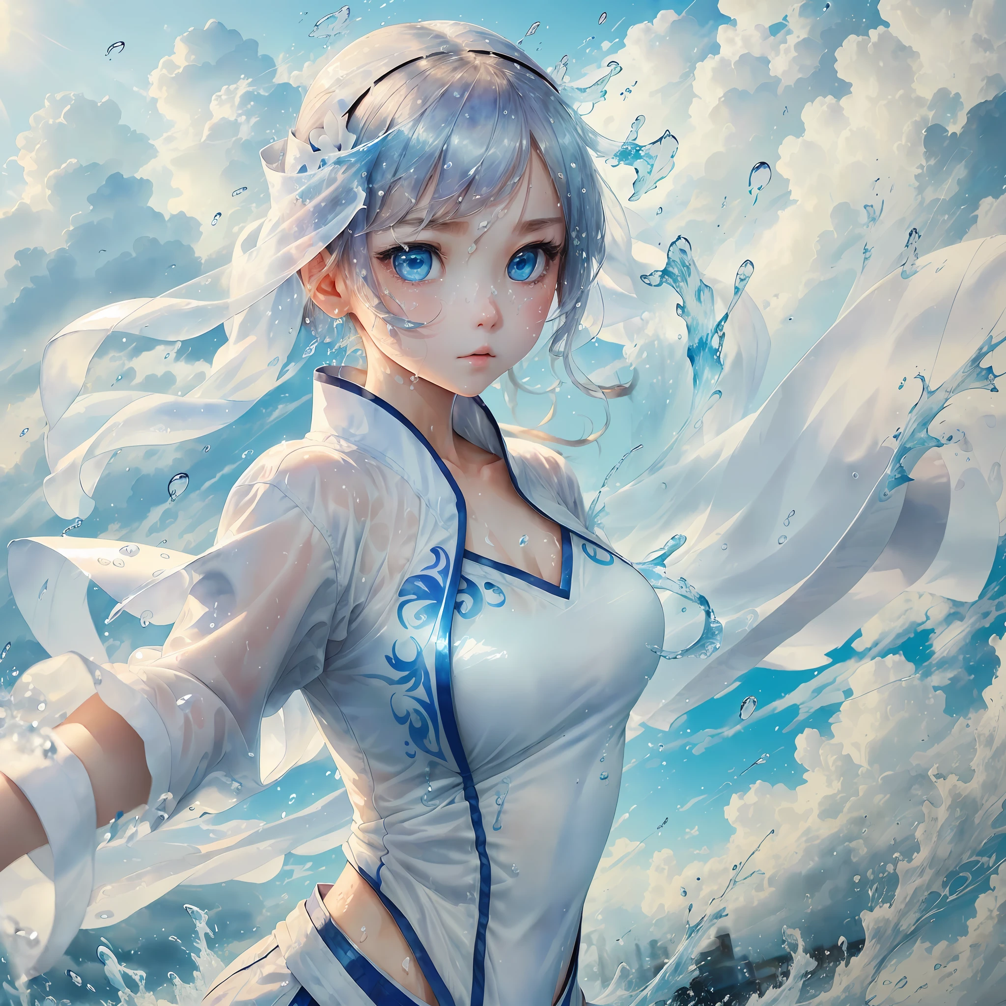 (Fine Picture Quality), (Dynamic Posture), (1girl), (Blue Eyes), (Loli: 1.3), (White Martial Arts Costume), (Beautiful Face), (Splashing Water Drops: 1.2), (Clouds and Morning Light), (Transparent Watercolor-like Colors), (Wide Field of Vision) --auto --s2