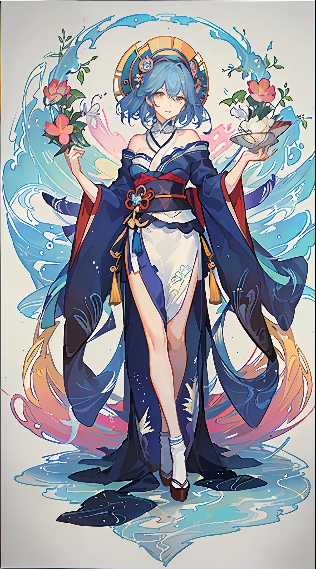A simple full body girl, Japanese illustration, bold lines and solid colors, Mucha style
