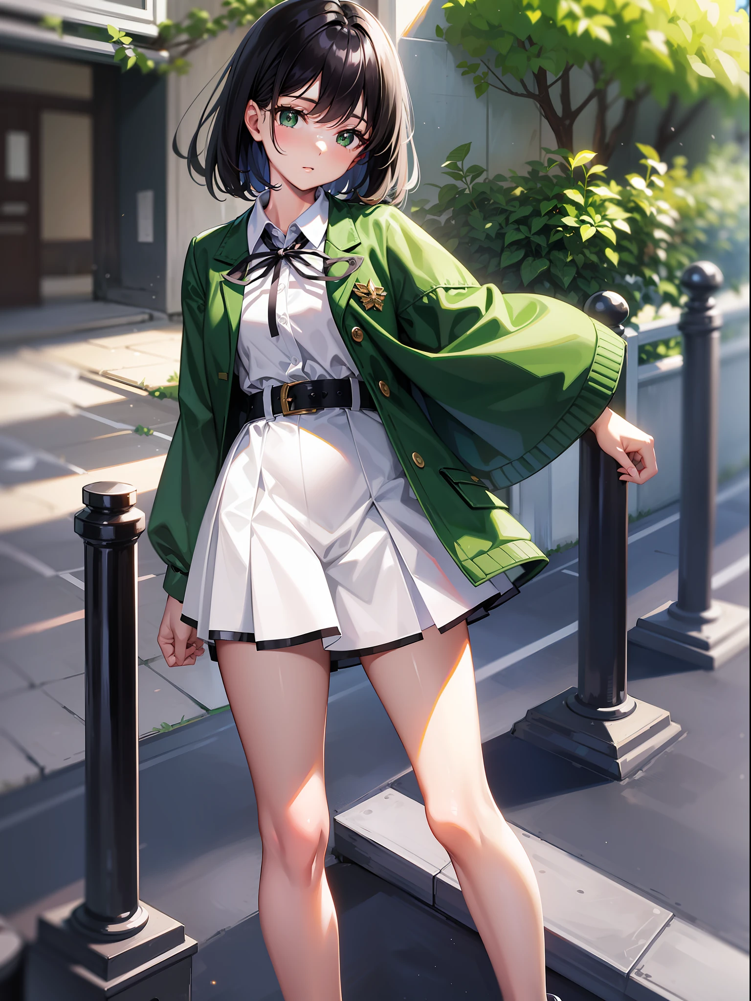 Black hair short, short green clothes with white collar sleeves, green shorts, white waist belt, white shoes, girl, outdoor