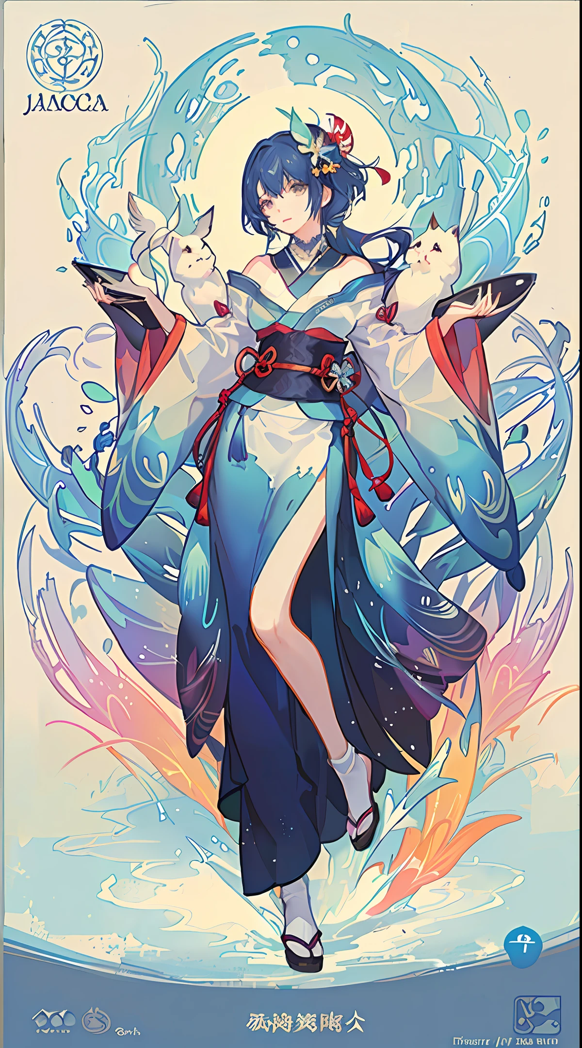 A simple full body girl, Japanese illustration, bold lines and solid colors, Mucha style