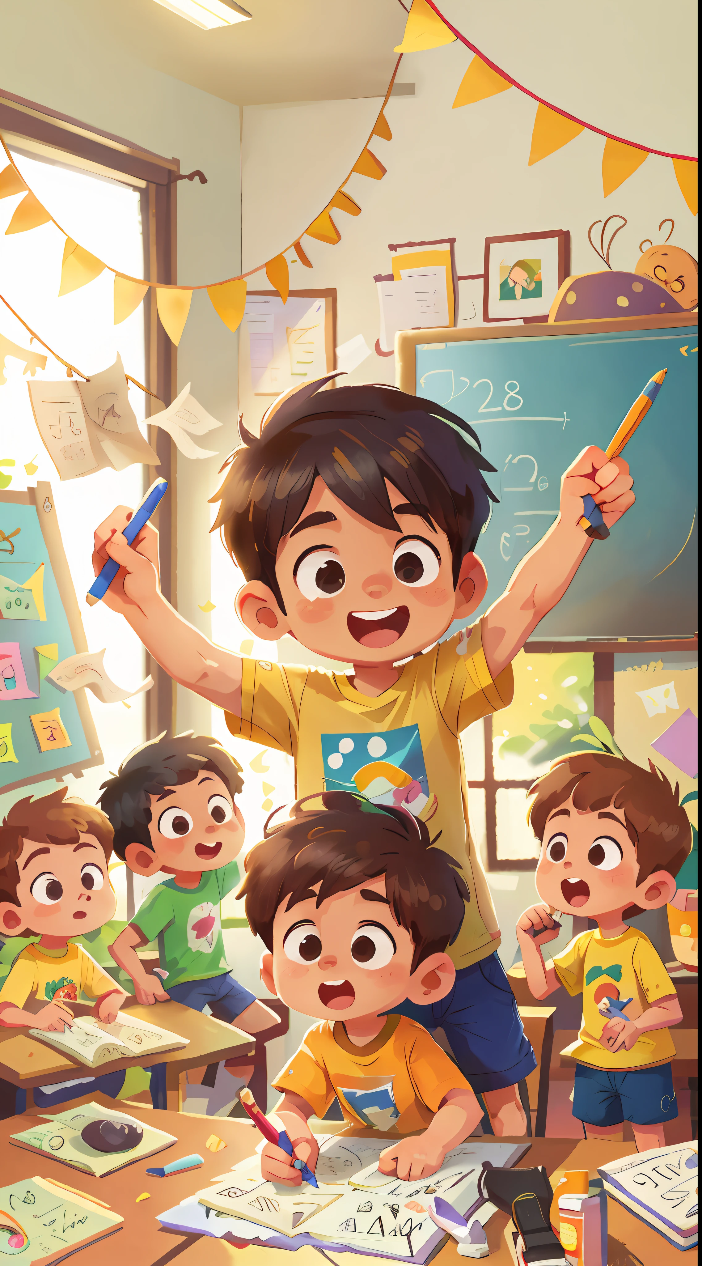 A boy, classroom in Brazil, t-shirt, drawing, happy, perfect quality, clear focus (clutter - house: 0.8), (masterpiece: 1.2) (realistic: 1.2) (bokeh) (best quality) (detailed skin: 1.3) (intricate details) (8K) (detail eyes) (sharp focus), (happy), full body, two children, clean background