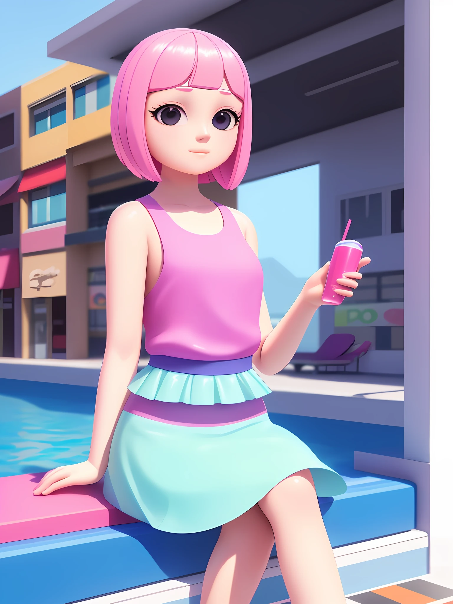 Girl sitting on pool seat, fair skin, delicate face, medium, new pop portrait, fashion illustration, toy core, colorful street scene, realistic, cartoon style rendering, made by Pop Mart: pastel color, blind box toy, fine gloss, clean background, C4D, blender, 3d rendering. Octane rendering.