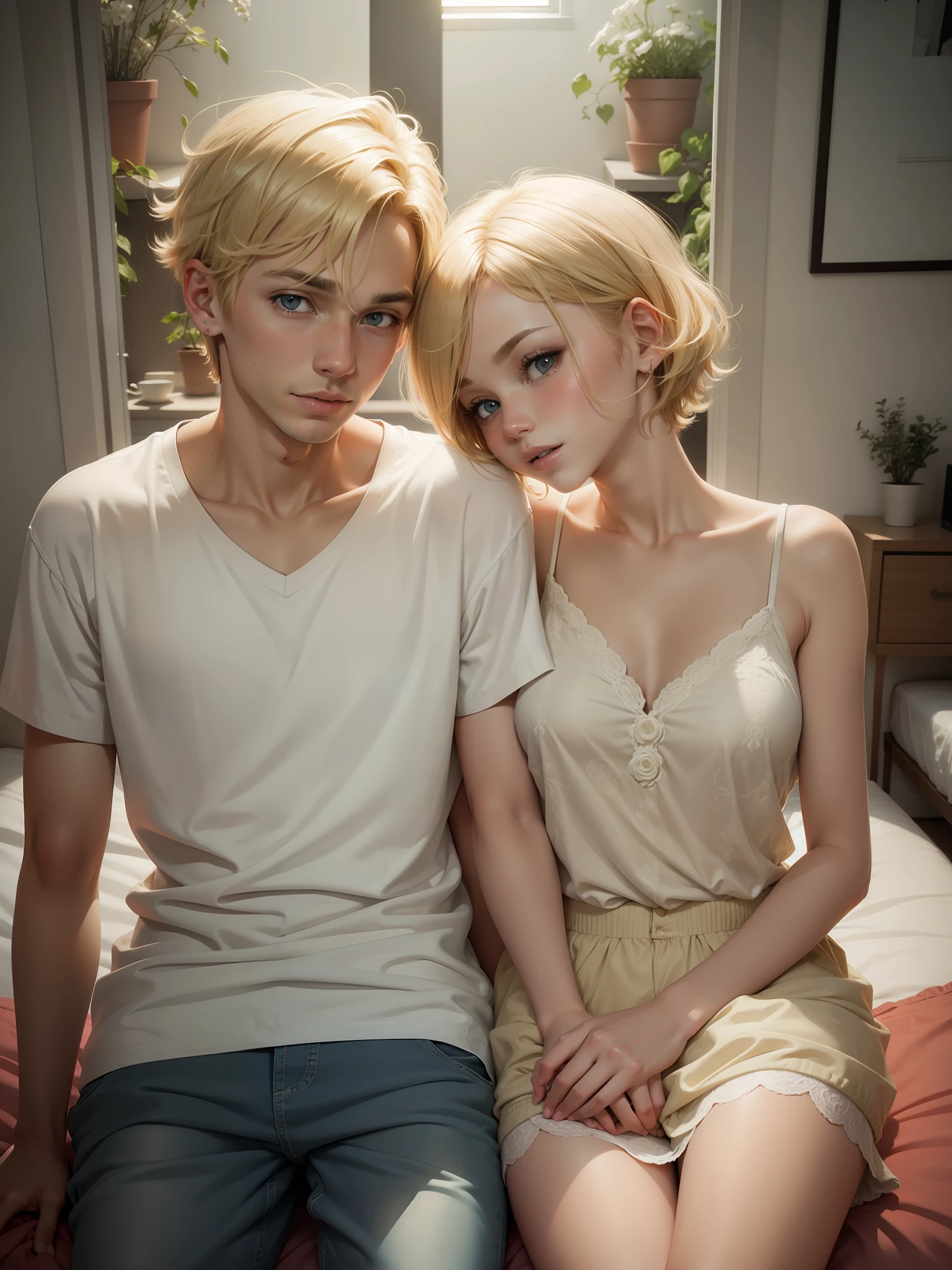 Cute beautiful blonde short hair boy and girl in bedroom optimistic couple
