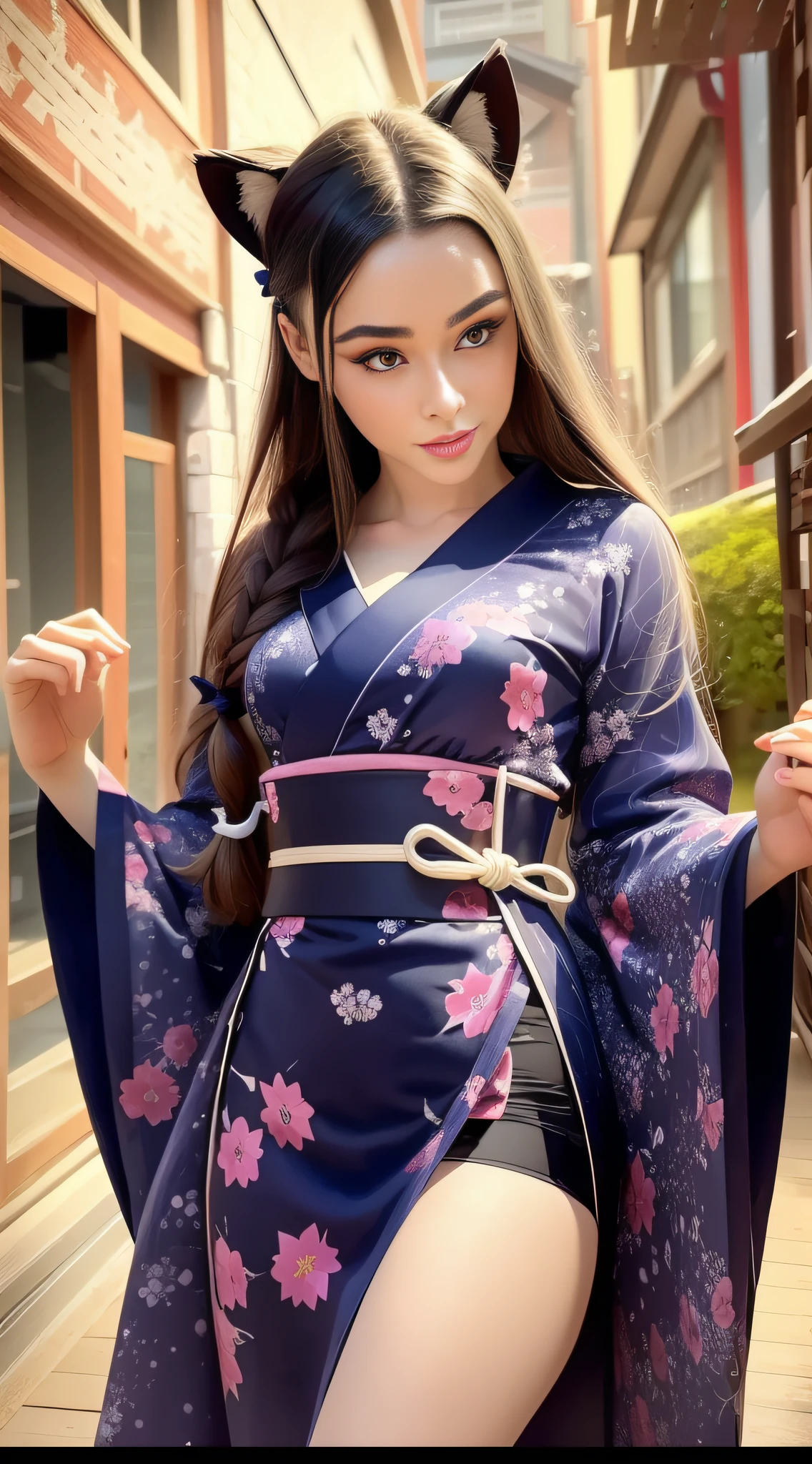 full shot, portrait of skswoman, 1 GIRL, DASHA, detailed portrait of a girl in a dark blue kimono with patterns in the form of applications of sakura inflorescences walks along a picturesque alley with blooming Japanese sakura along a path strewn with fallen pink sakura petals, in detail in detail small breasts, in detail in detail a very long fluffy mop of chestnut hair, in the details of the eyes, in the details of the eyelashes, in the details of the lips, in the details of the make-up with dark blue arrows, in the details of the Japanese gane shoes with braids on the lower legs in dark blue, in the details of the kimono with deep cutouts shows beautiful slender legs, cutout on the chest shows the décolleté area, character flirting at the camera, black hair, hair bobbles, wince, longeyelashes, solid circle eyes, fake animal ears, light smile, ear blush, fang, Surrealism, drop shadow, anaglyph, stereogram, tachi-e, pov, atmospheric perspective, 8k, super detail, ccurate, best quality