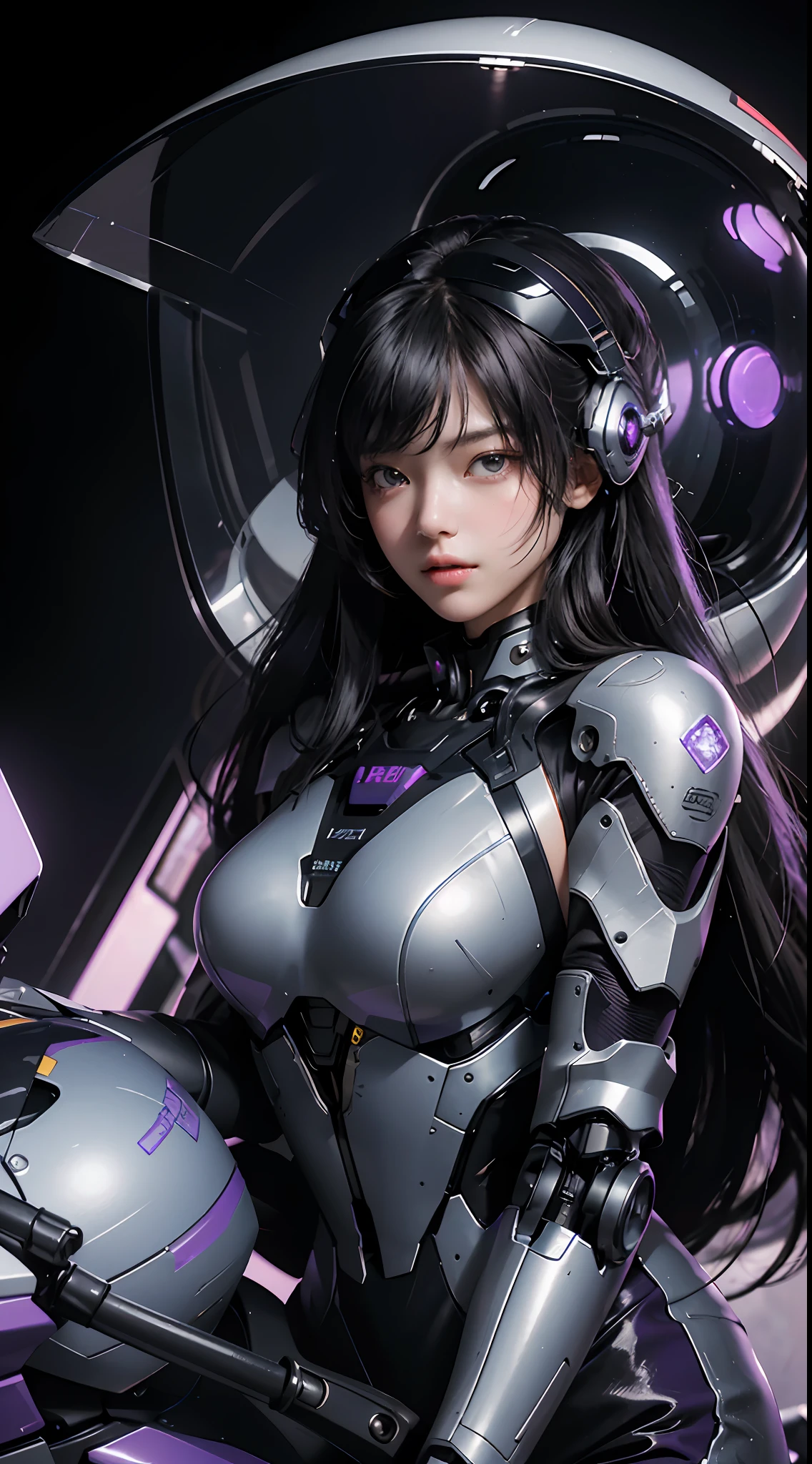 Best image quality, outstanding detail, ultra-high resolution, (realism: 1.4), best illustration, prefer details, highly condensed 1girl, delicate and beautiful face, dressed in black and purple mecha, wearing a mecha helmet, holding a direction controller, riding a motorcycle, the background is a high-tech lighting scene of a futuristic city.
