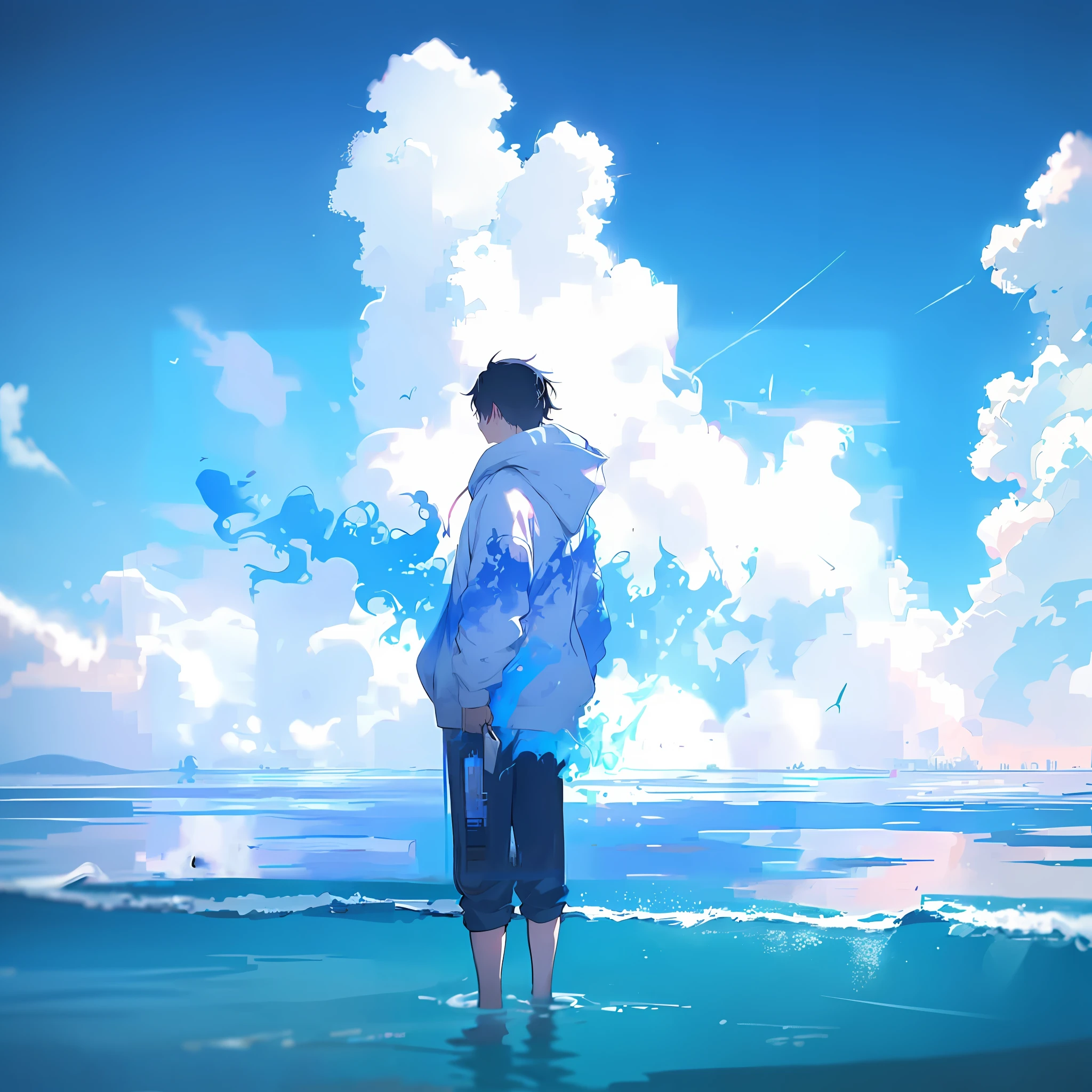 anime boy standing on a suitcase in the middle of a beach, makoto shinkai!!, makoto shinkai!, makoto shinkai art style, makoto shinkai cyril rolando, guweiz and makoto shinkai, makoto shinkai style, makoto shinkai. —h 2160, ( ( makoto shinkai ) )