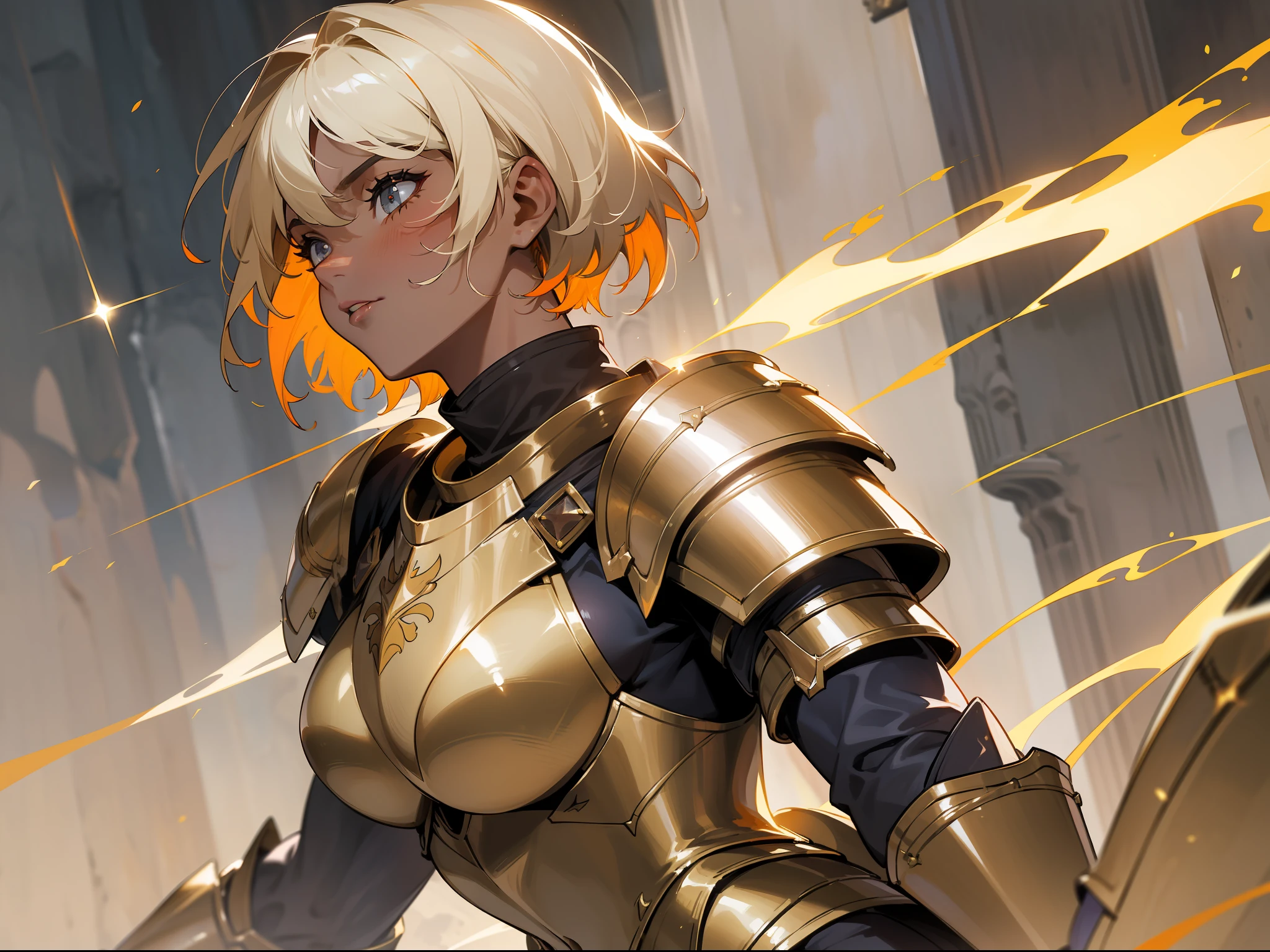 masterpiece, best quality, mature woman, scar on face, light beige short hair, dark skin, light eyes, paladin, orange golden heavy armor, breastplate, large shoulder pads, fantasy, medieval, in a battle arena, dynamic pose, beautiful detailed glow.