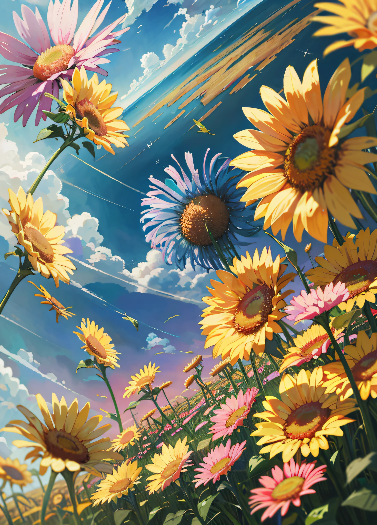 brightly colored flowers in a field with a blue sky and clouds, 4k highly detailed digital art, highly detailed digital painting, digital painting highly detailed, beautiful digital artwork, highly detailed digital artwork, beautiful art uhd 4 k, detailed painting 4 k, beautiful digital painting, 4k detailed digital art, scene: sunflower field, scene : sunflower field