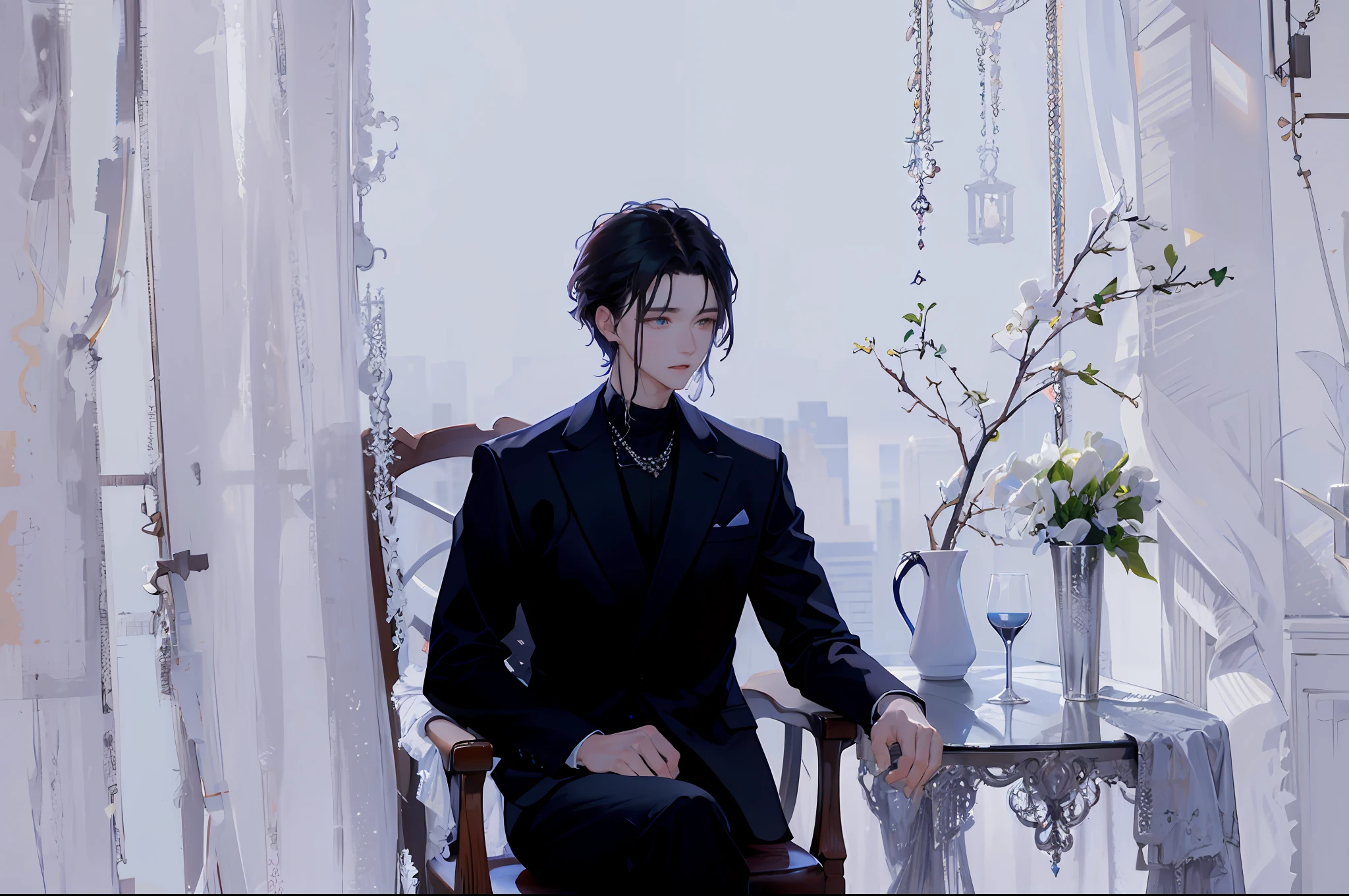 There is a man sitting on a chair with his hands on the table, there is a vase on the table, wearing a black suit, Cai Xukun, white background, messy short hair, star, eyes firm,