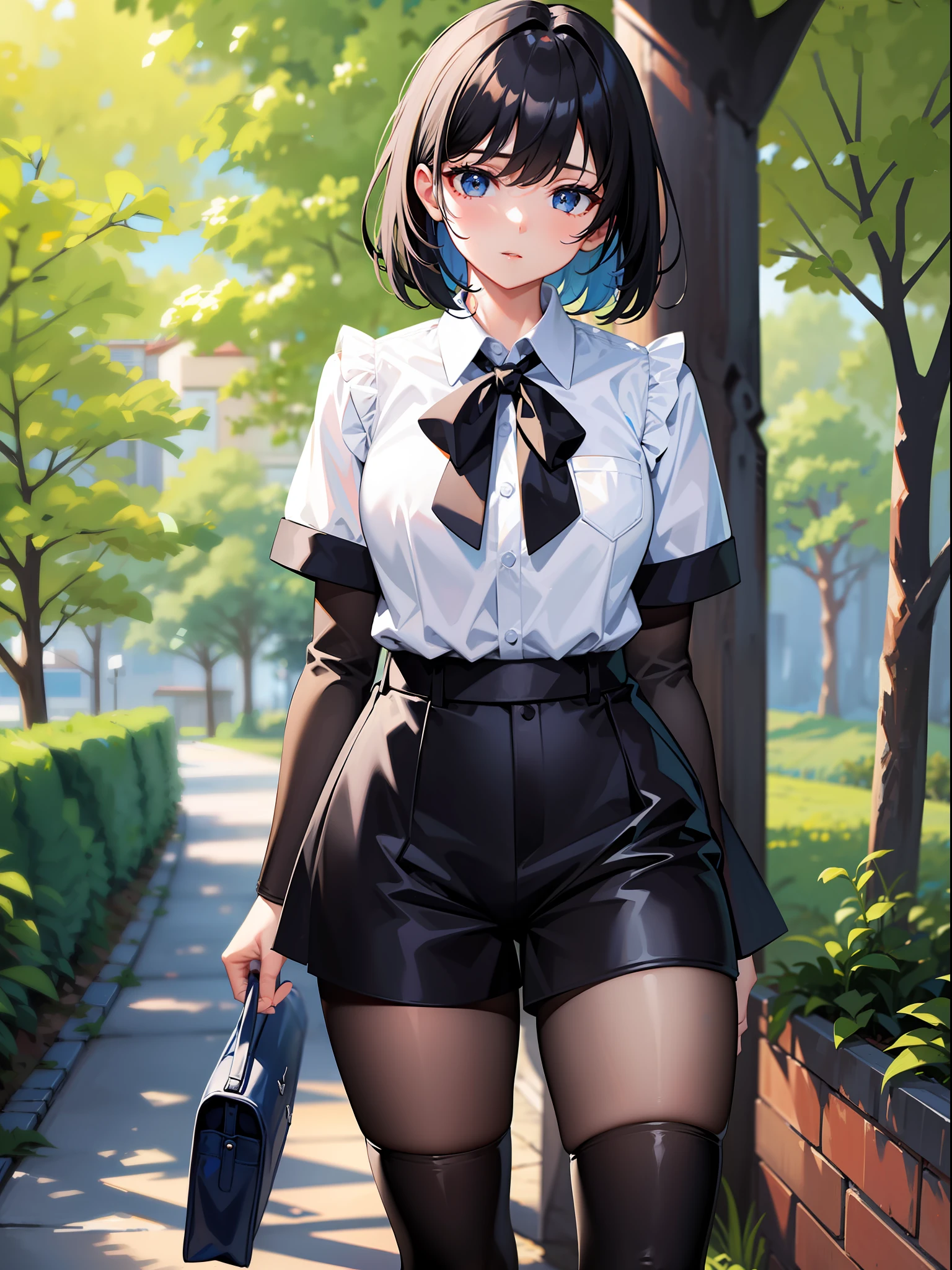 Black hair short, short clothes with white collar sleeves, blue shorts, black stockings, girl, outdoor