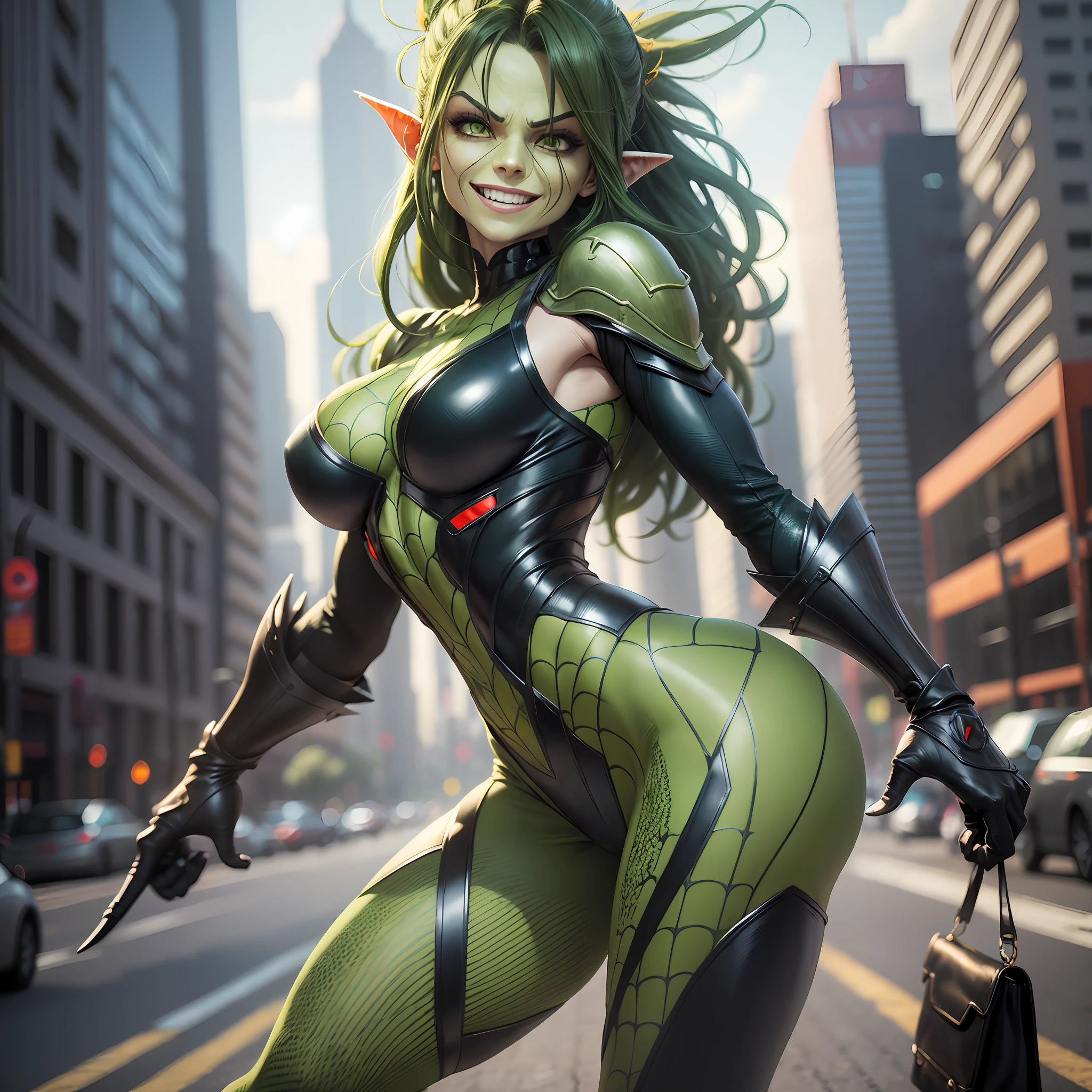 a real woman, in fact she looks a lot like the green doende that enemy of spider-man, her appearance is that of an aggressive woman with a fearful smile, her teeth are sharp and her face is scary, along with her pointed ears, her eyes are orange and green hair, her outfit looks a bit like high-tech combat armor in green,  Blurred cinematic background with a 2x zoom, 135mm camera, city during the day --auto --s2