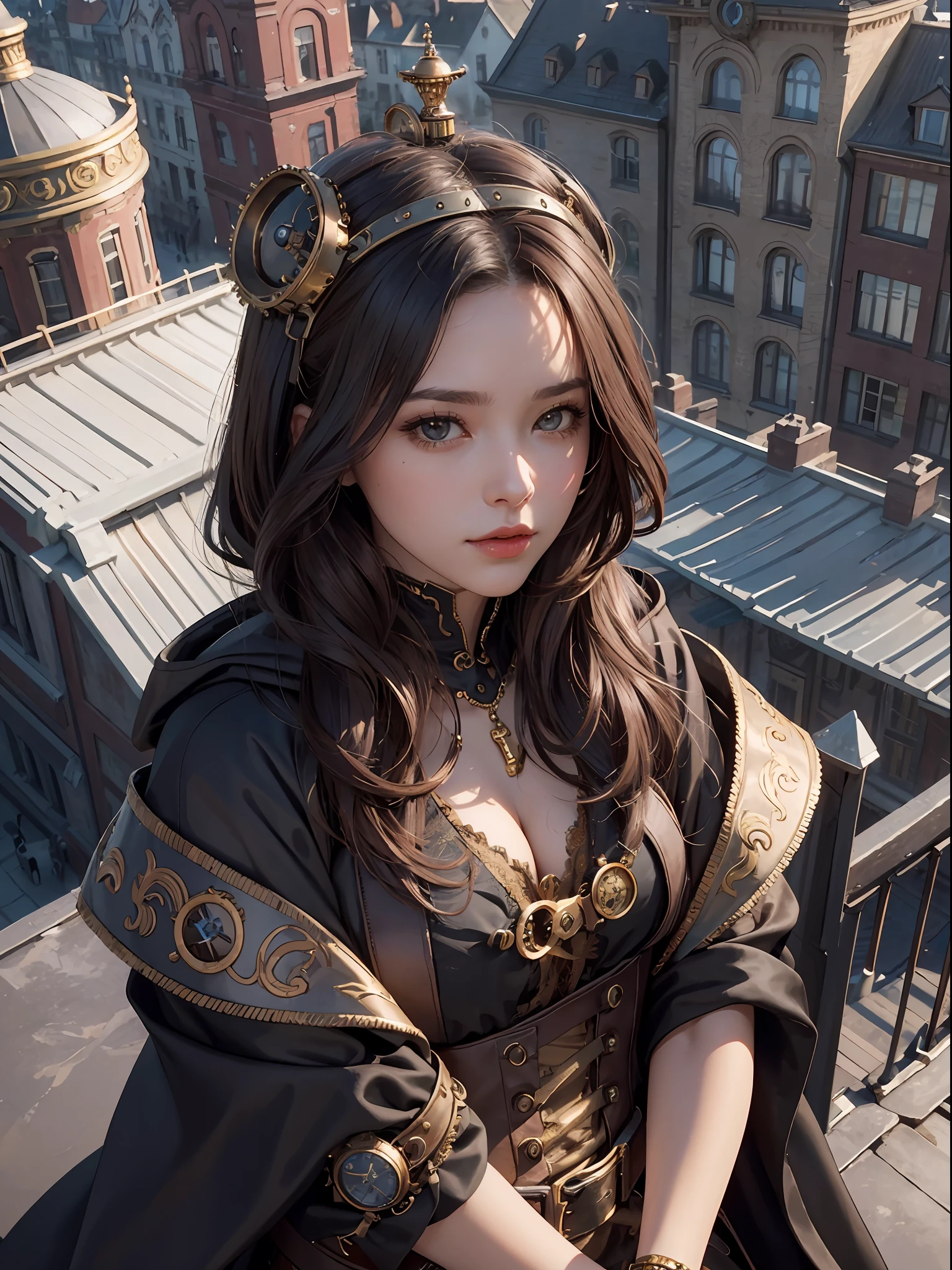 best quality , masterpiece, close up portrait, 1female, cute beautiful face, golden long hair, (on a rooftop)steampunk style, steampunk suggestive clothes, dark brown silk cloak hood over head, look at viewer, from above, backgroundsteampunk city