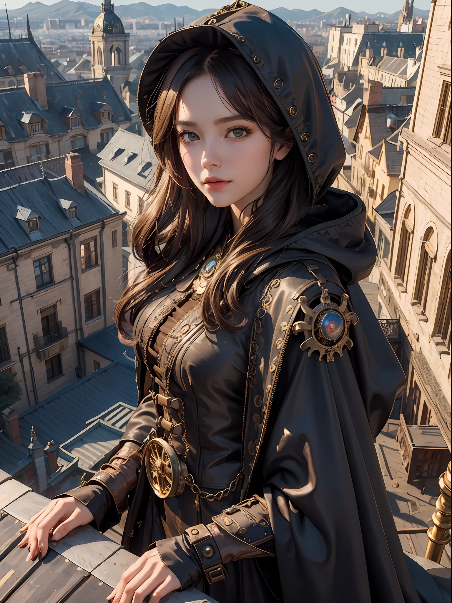 best quality , masterpiece, close up portrait, 1female, cute beautiful face, golden long hair, (on a rooftop)steampunk style, steampunk suggestive clothes, dark brown silk cloak hood over head, look at viewer, from above, backgroundsteampunk city