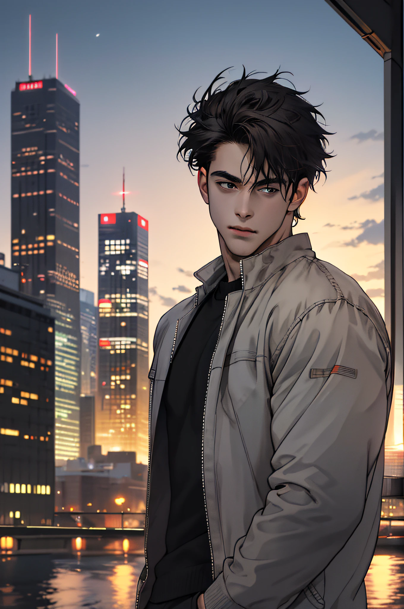 1man,masterpiece,best quality, ultra high res, dusk,cityscape,depth of field, short black messy hair, solo male