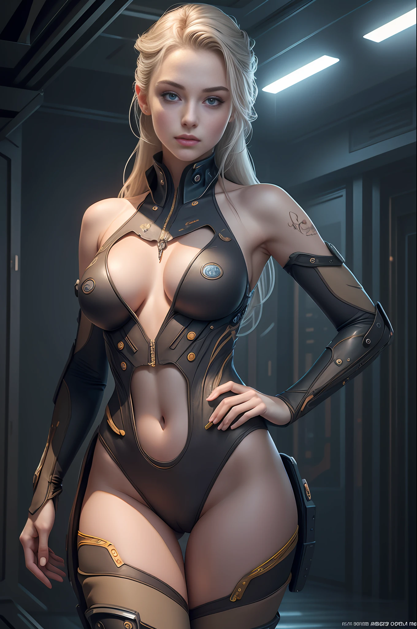 Full body photo, photo, best quality, masterpiece, open interior scene, sci-fi sense, portrait (20 year old woman: 1.2), (bare thighs: 1.4), (bare arms: 1.4), tight space suit, (beautiful face: 1.3), (ultra-detailed face: 1.2), masterpiece, (detailed facial features: 1.1), (sexy body: 1.4), detailed textures, cinematic lighting, senior artist photographer