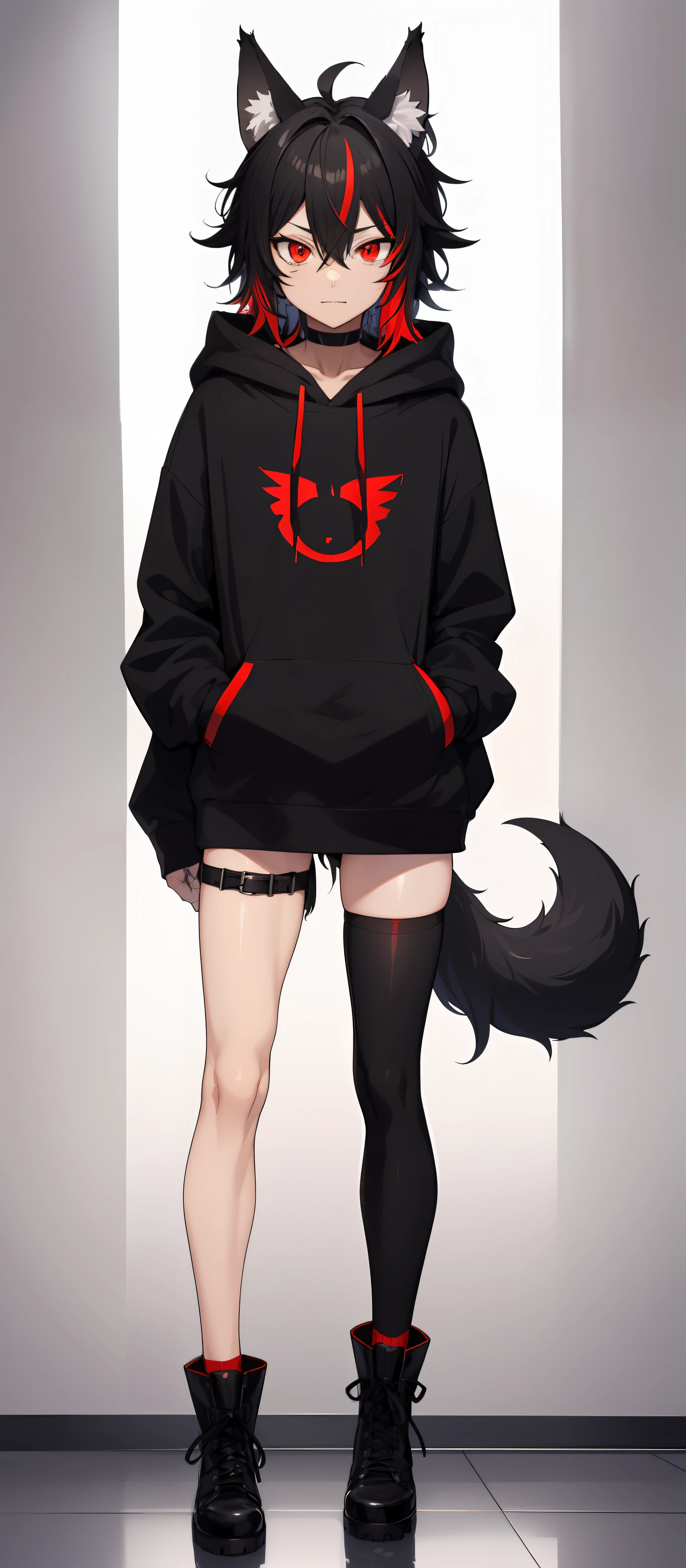 cat-boy, toned, sharp big wolf ears, wolf tail, big black messy hair, extremely vibrant red eyes, HD, masterpiece, vibrant, slim dark black hoodie, full body view, neutral face, black thigh socks,  combat boots.