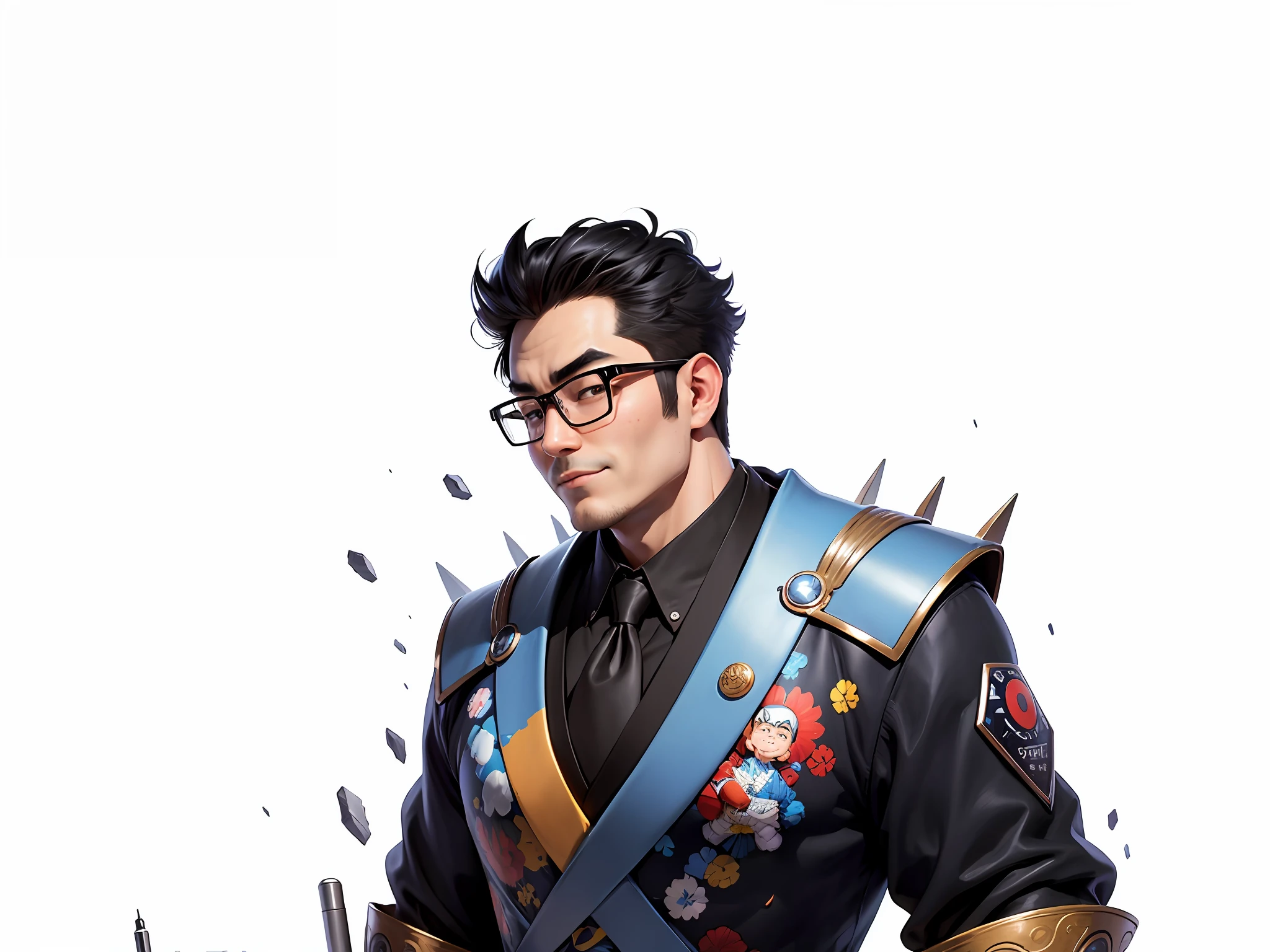 (Masterpiece), (Excellent), (Super Meticulous), (Full Body: 1.2), Super Young Man, Oriental Face, Japanese Kimono, Japanese Wind Thunder God, Dragon, Tiger, TV Anchor, Bust Portrait Illustration, Alone, Black Suit, Blue Tie, Slightly Chubby Face, Silver Glasses, Very Clean Face, No Beard, Black Super Short Hair, Black Eyes, Confident Smile, 3c Computer Sub-Products, iPad, iPhone, Digital Painting, 3D Character Design by Akira Toriyama and Mark Claireden and Pixar and Hayao Miyazaki, The illustration is a high-definition illustration in 4K resolution with very detailed facial features and cartoon-style visuals.