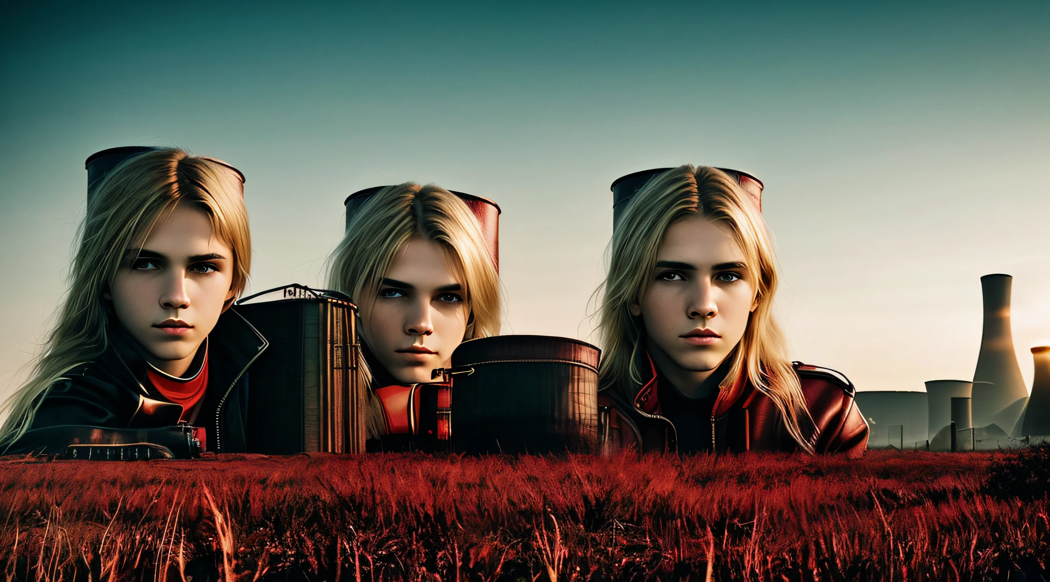 14-YEAR-OLD BOYS, PORTRAIT, WITH LONG BLOND HAIR, WITH RED LEATHER JACKETS AND BLACK CLOTHING, nuclear power plant with radioactive barrels in a field, nuclear wasteland, nuclear waste, post-nuclear fallout, future of nuclear energy, nuclear fallout, radioactive wasteland, nuclear power, nuclear power, nuclear reactor, nuclear aftermath, post-nuclear, nuclear power plant, nuclear, radioactive particles, nuclear art, toxic waste, polluted, radioactive peak field, pollution
