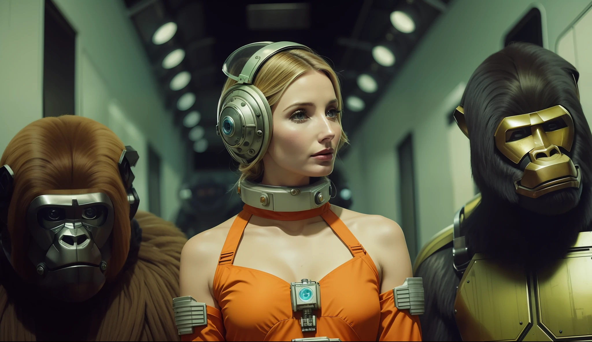 woman (Annabelle Wallis) in front of two robots with gorilla masks in space suits and helmets, a color photo of Wes Anderson, trends in cgsociety, retrofuturism, 1970s, futuristic, sci-fi