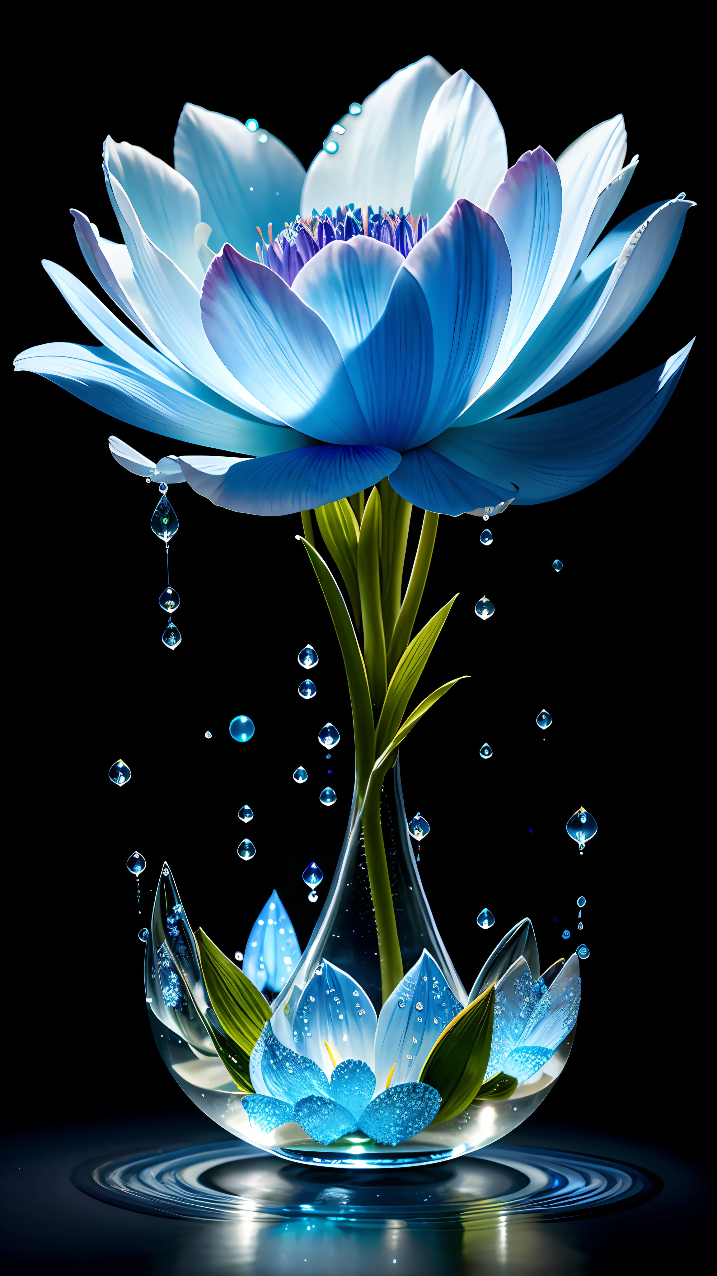 A bouquet of delicate flowers, blue, ultra-transparent, holy light, beautiful spectral light, petals glowing, accompanied by water droplets, shimmering, dark background, dripping transparent, reflected light, bright, light inflow, optics, profile portrait, sharp focus, magic, intricate, surreal, fantasy, composition, light, art station trend, pearl, silver vapor patron cloud, corrosive surround ray family, 8K, Magic Air 23v4 on the lamp