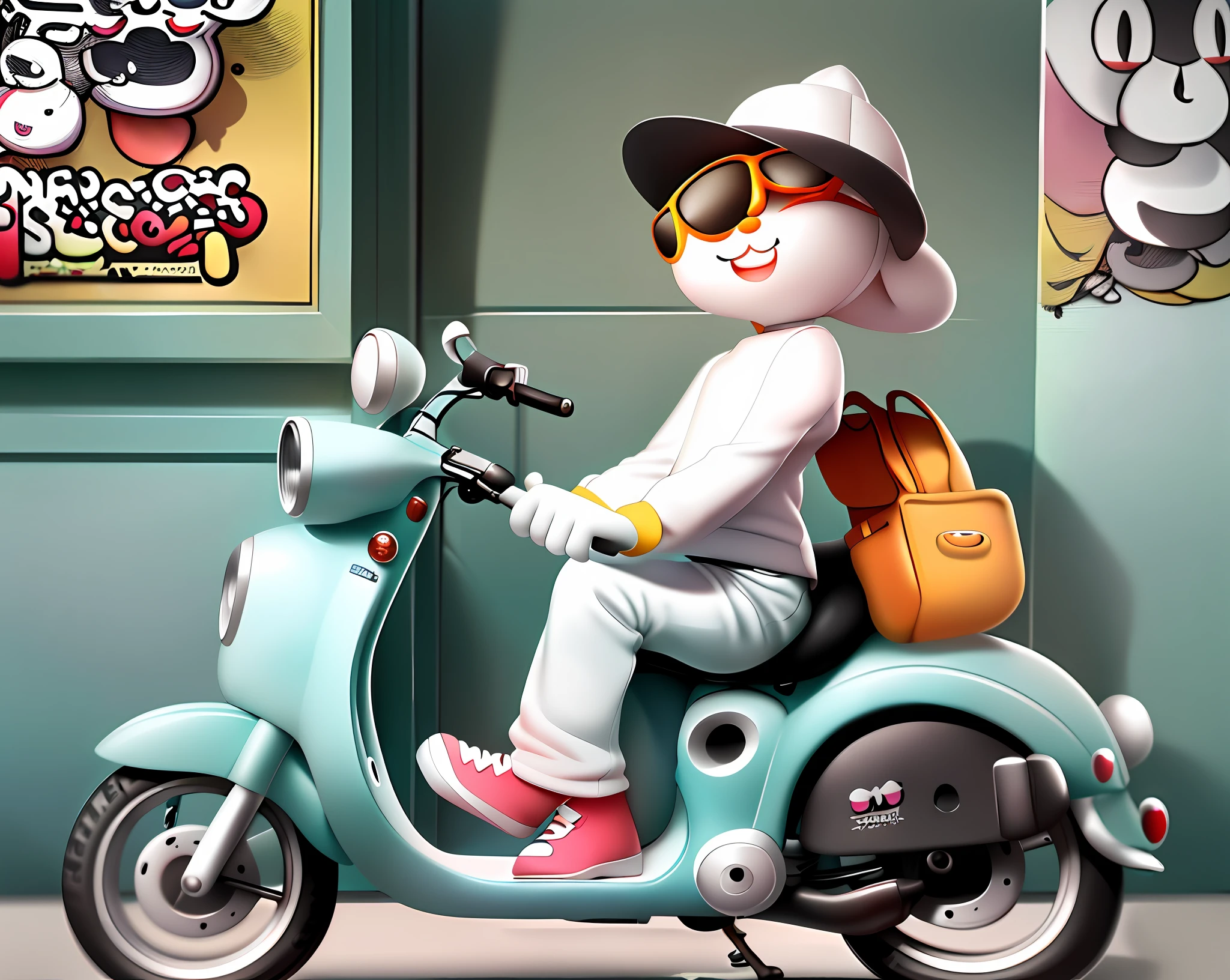 There is a white cat riding a scooter with hat and sunglasses, white background (cat wearing sunglasses, passionate, cute cartoon characters, hand drawn cartoon art style, cartoon style illustration, simple and clean illustration, mascot illustration, illustration line art style, funny illustration, cute illustration, hello, 3 0, adobe illustrator made, moped rider, cyclist, white background