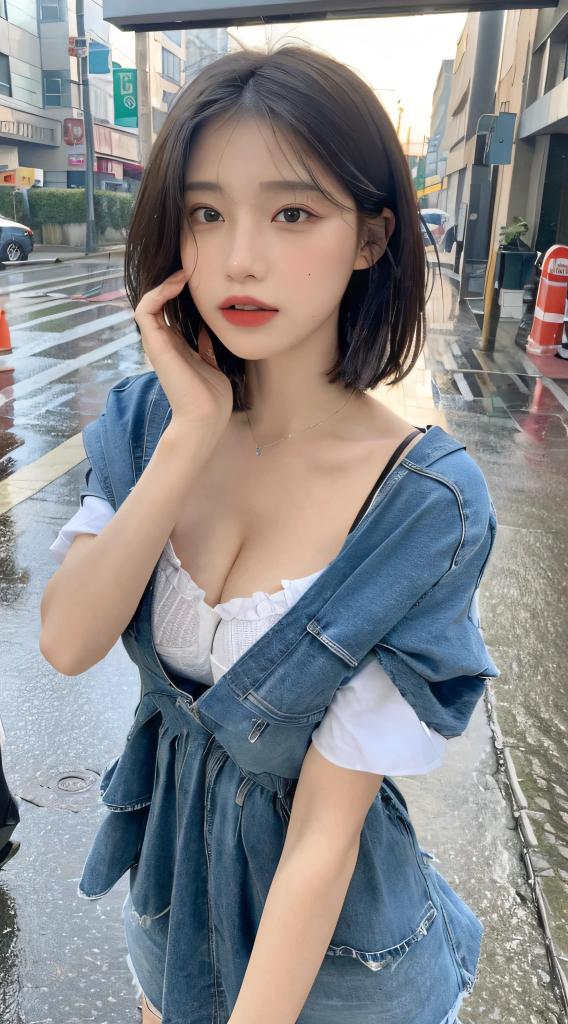 ((Best Quality, 8k, Masterpiece:1.3)), Focus:1.2, Perfect Body Beauty:1.4, Buttocks:1.2, ((Layered Haircut, Breasts:1.2)), (Wet Clothes:1.1) , (Rain, Street:1.3), Bandeau Dress: 1.1, Highly Detailed Face and Skin Texture, Fine Eyes, Double Eyelids, Whitened Skin, Long Hair, (Shut Up: 1.3)