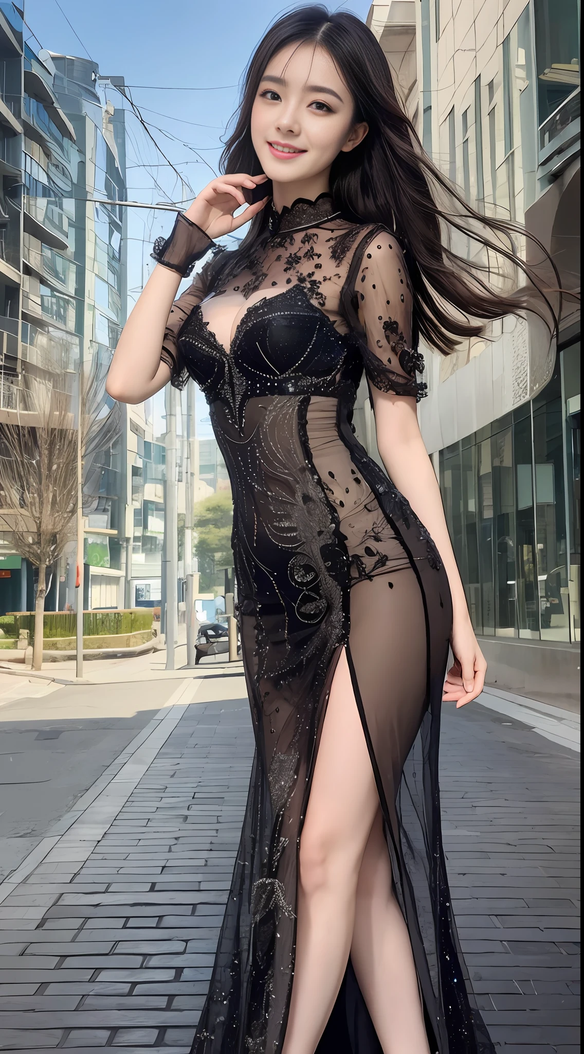 ((Best Quality, 8K, Masterpiece: 1.3)), 1 girl, smile, full body, slim face, pretty woman, (full-length dress :1.5), ultra-detailed face, detailed eyes, double eyelids, blurred background, slim face, city, outside, street, long straight black hair bangs smiling super fine face, fine eyes eye shadow silk Chinese elements various poses light tulle