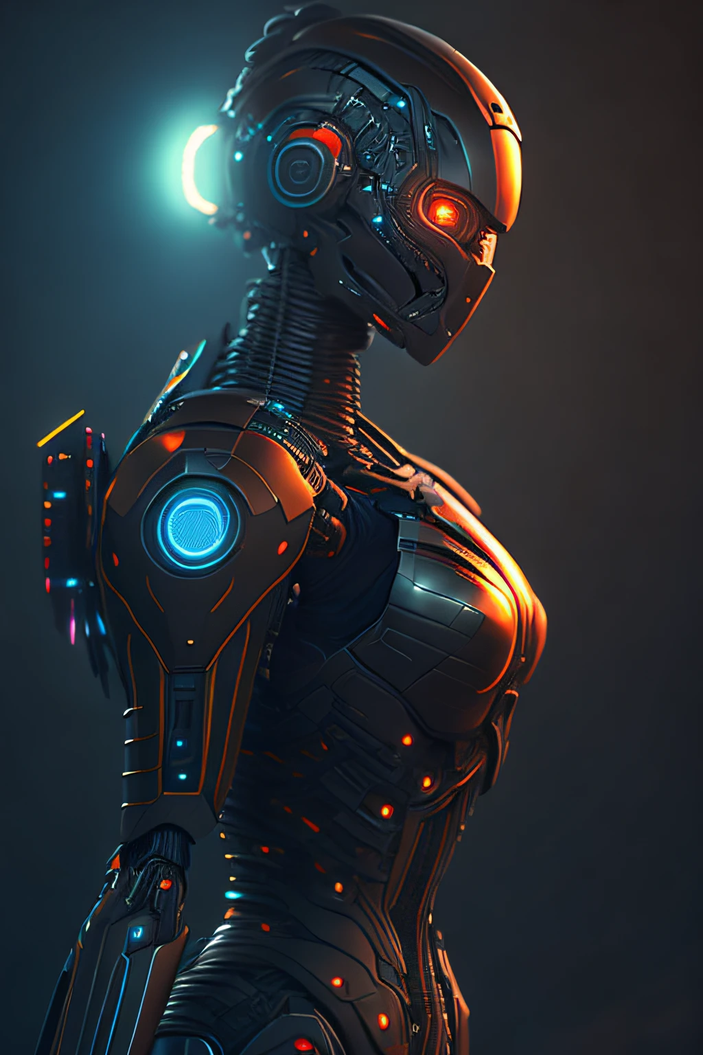 female robot, full body, cinematic, fine details, 8k, RGB palette, dark shot, soft volumetric lights, (backlit:1.3)